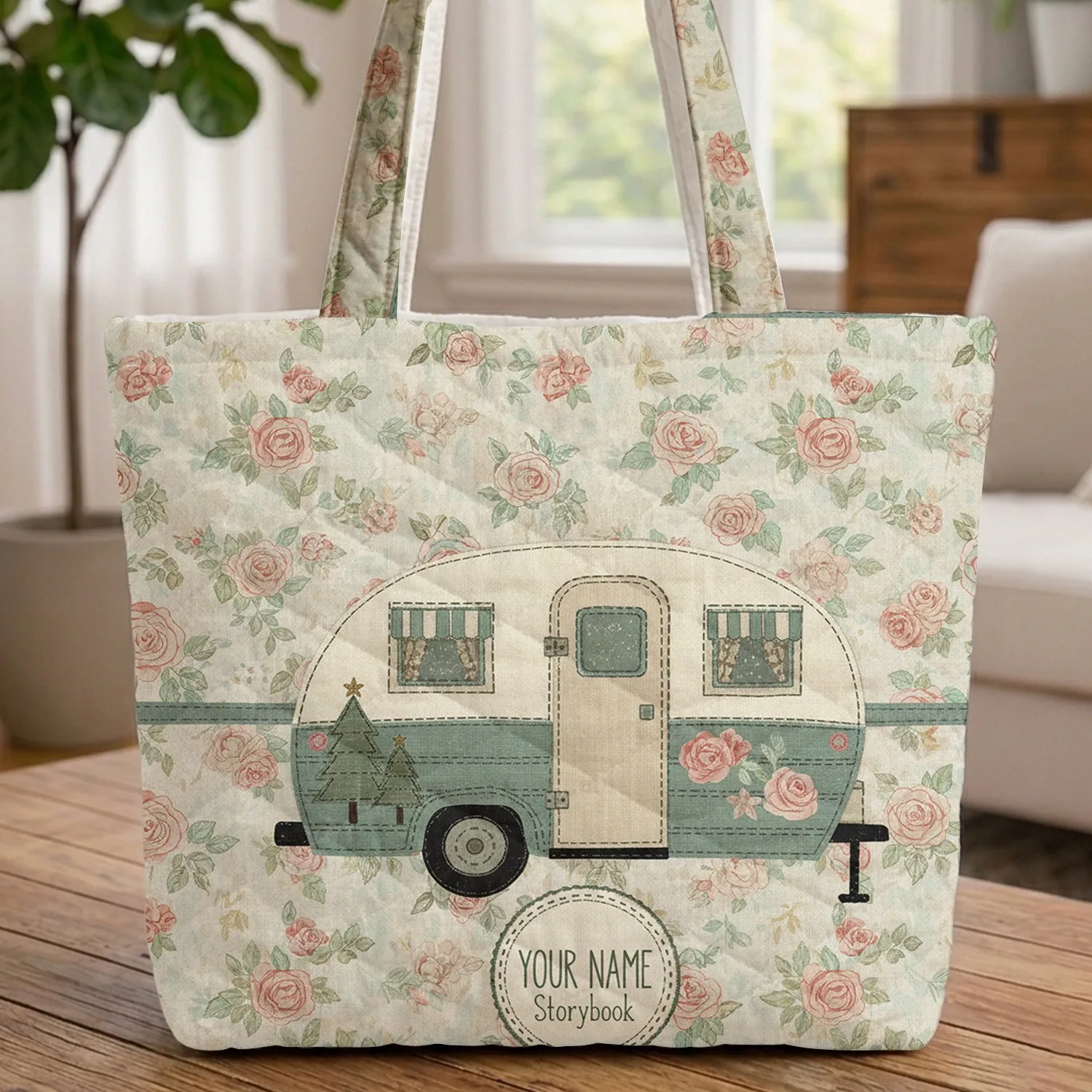 Teardrop Camper Wild Rose Travel Essentials Gift for Camper Lover Quilted Tote Bag - 1
