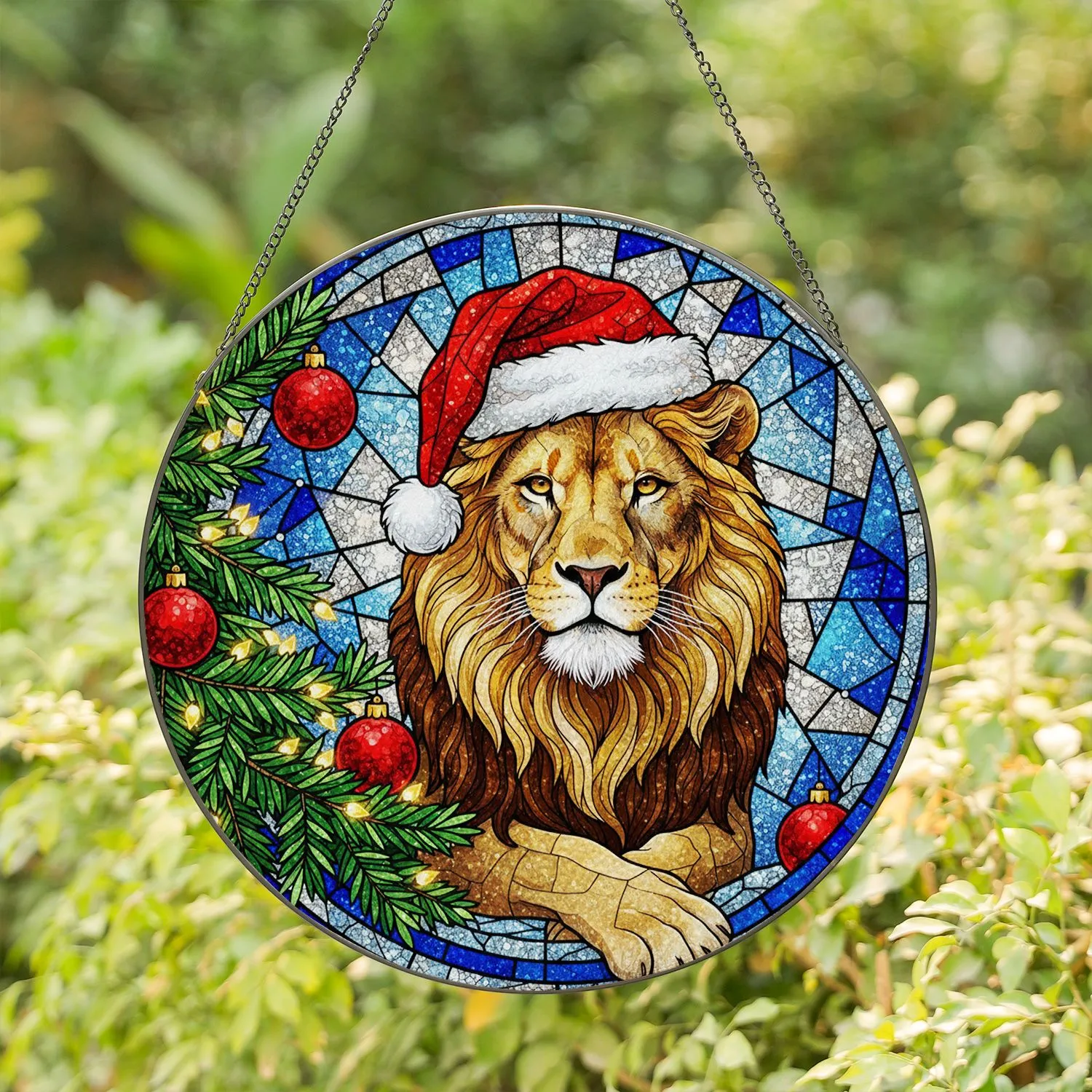 Majestic Lion Santa Hat Christmas Tree Red Baubles Starry Night - Christmas Holiday Decor Stained Glass Suncatcher - 1