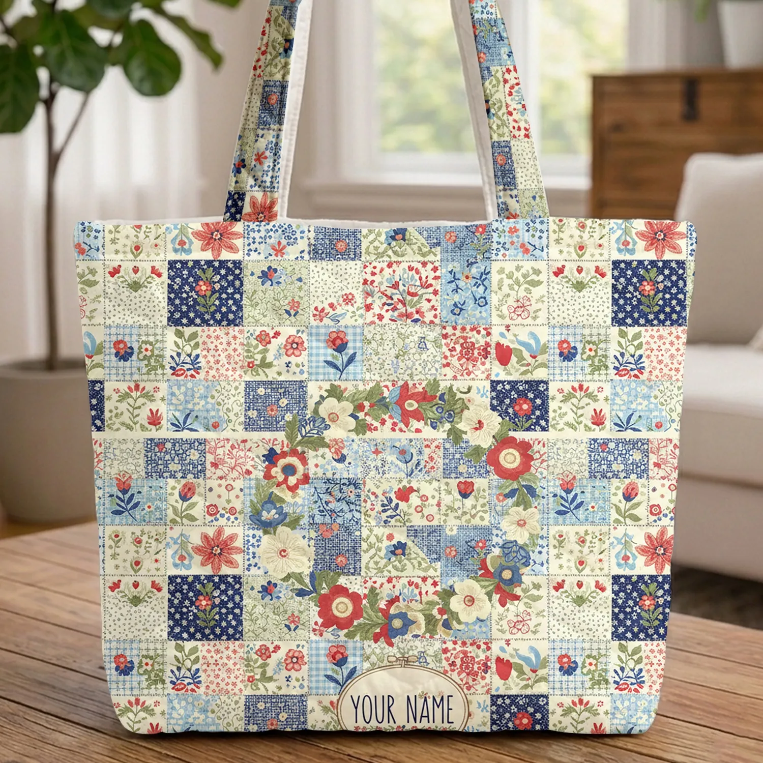 Folk Art Floral Wreath Personalized Patchwork Everyday Carry Gift Quilted Tote Bag - 1