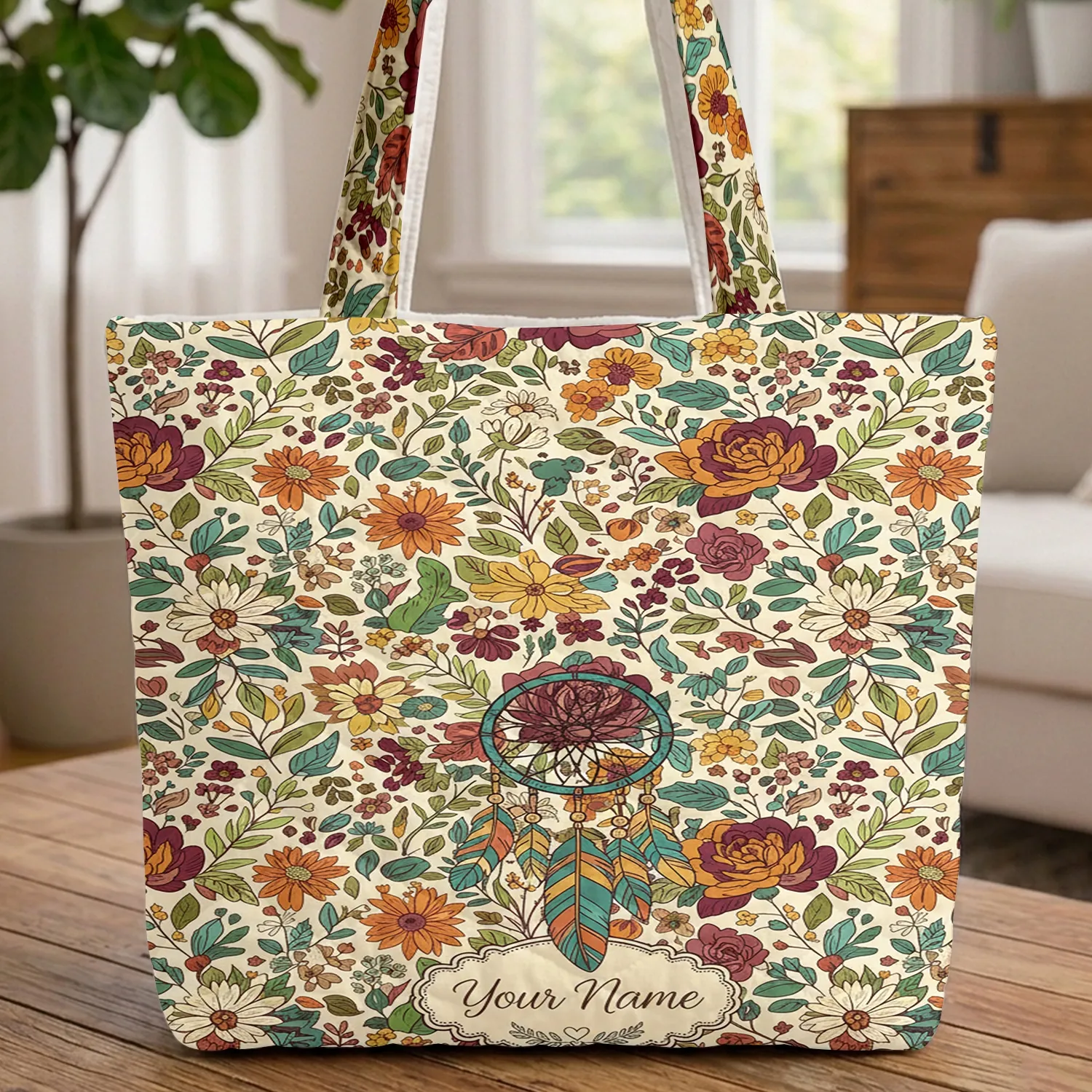 Ornate Dreamcatcher Colorful Feathers Personalized Name Floral Roses Everyday Carry Gift Quilted Tote Bag - 1