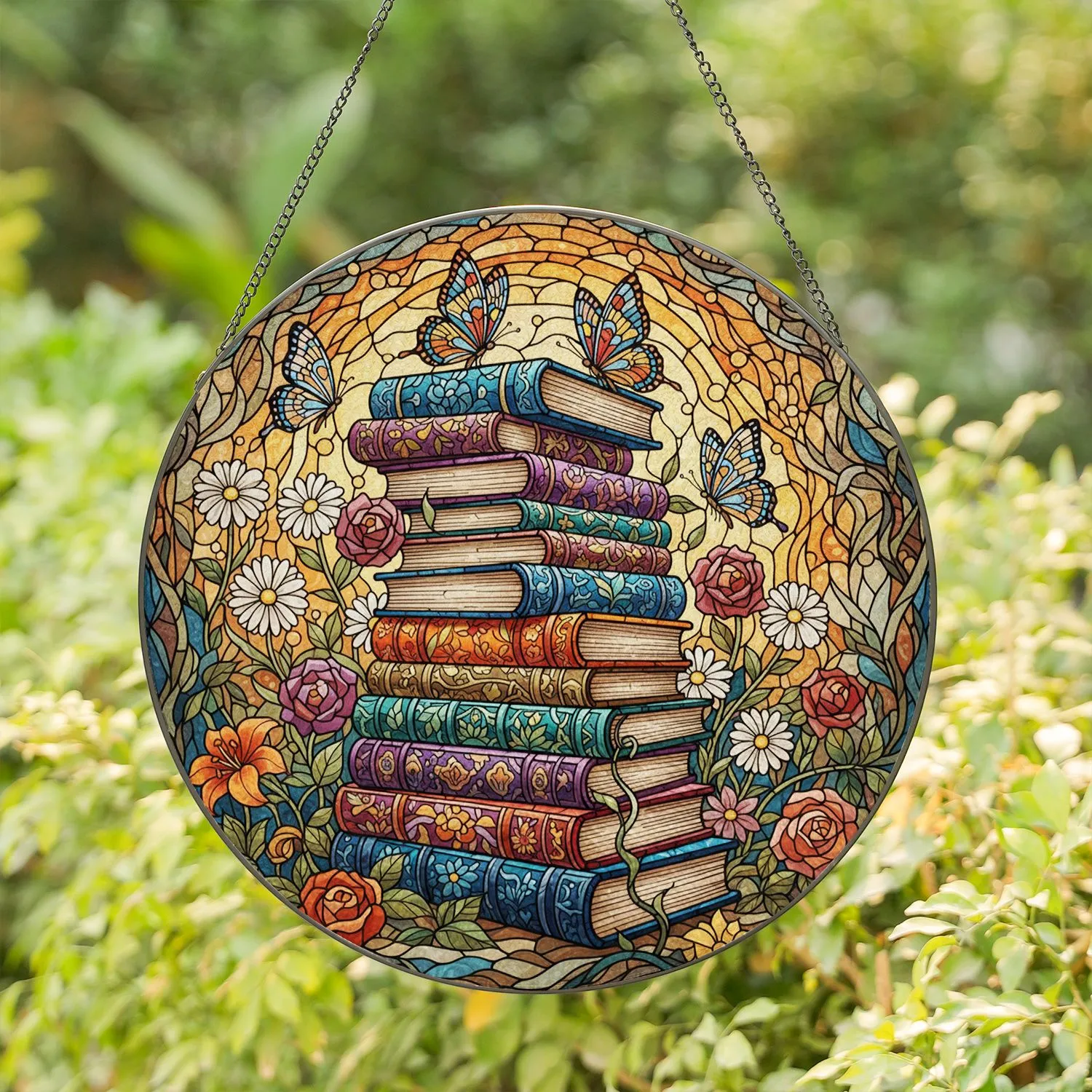 Vibrant Stacked Books Butterflies Lush Blooming Flowers - Book Lover Home Decor Gift Stained Glass Suncatcher - 1