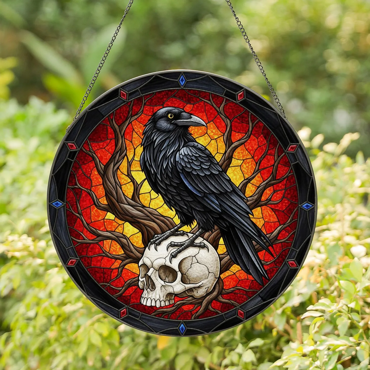 Majestic Raven Skull Gnarled Branches Segmented Frame Red Mosaic - Unique Home Decor Gift Stained Glass Suncatcher - 1