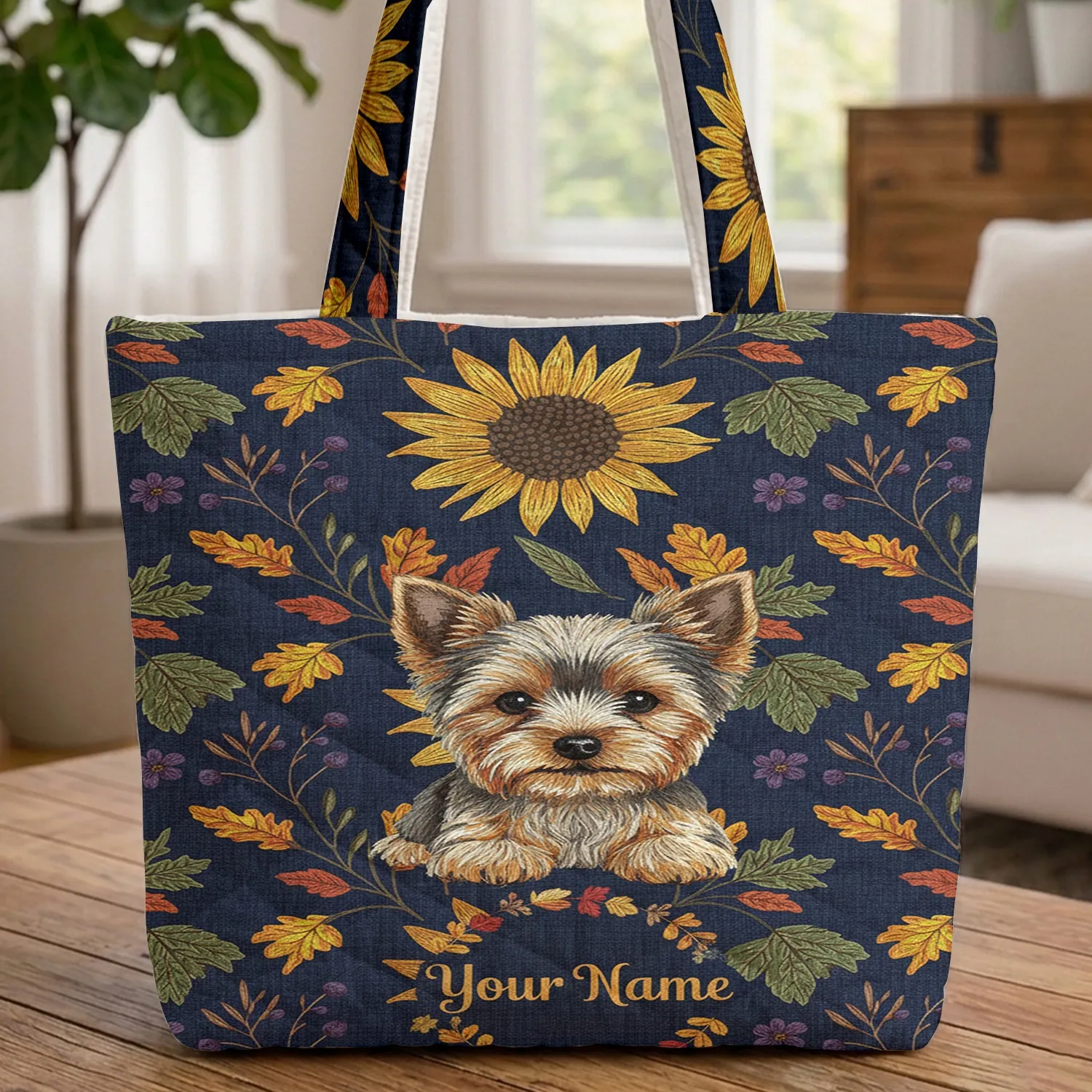 Yorkshire Terrier Your Name Sunflower Autumn Floral - Everyday Carry Gift for Dog Lovers Quilted Tote Bag - 1