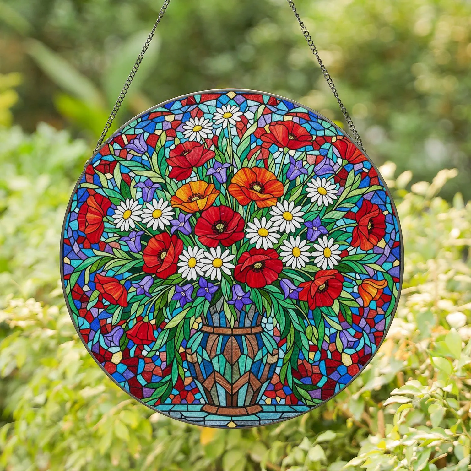 Vibrant Poppies Daisies Bellflowers Bouquet Mosaic Vase Swirling Patterns - Home Decor Gift Stained Glass Suncatcher - 1