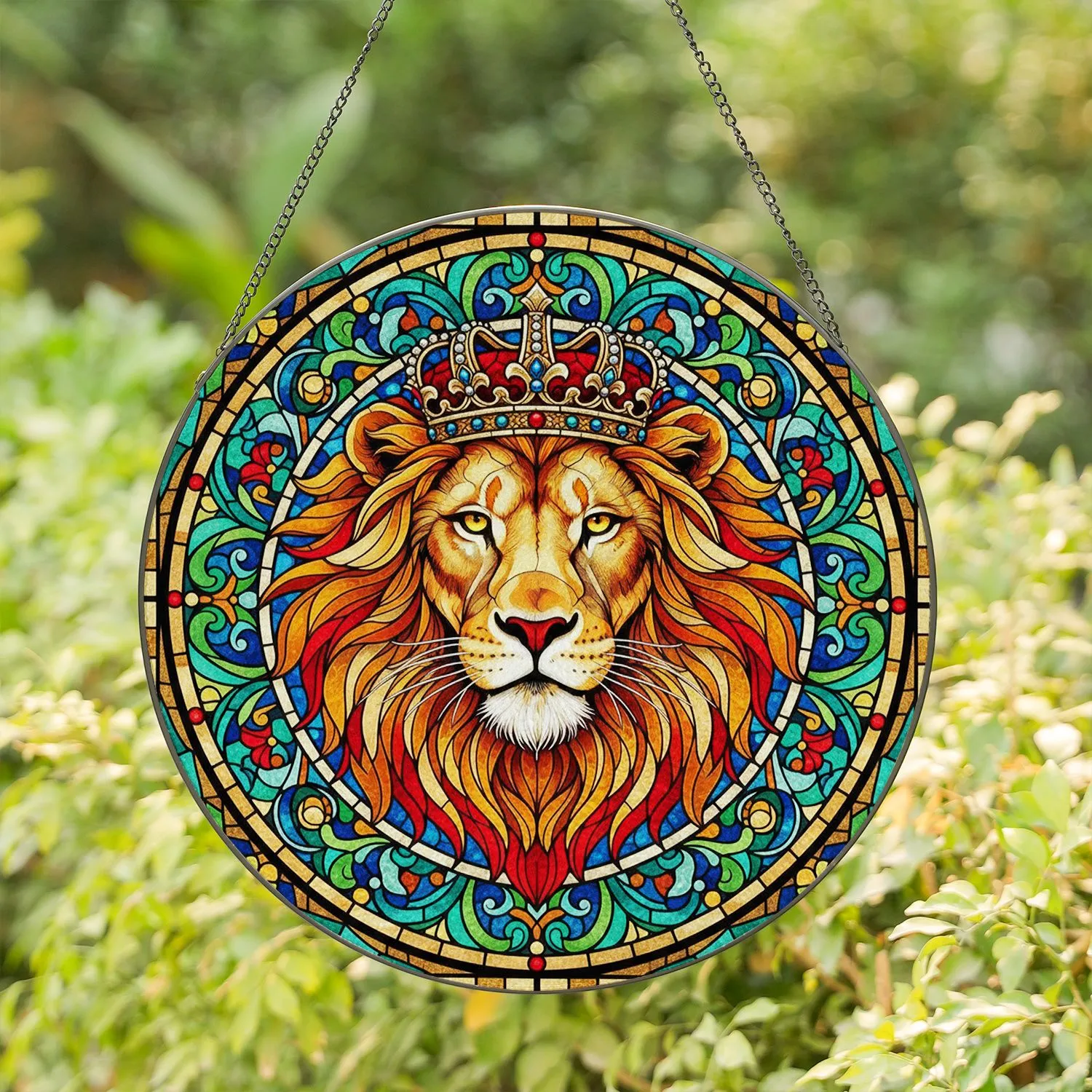 Majestic Crowned Lion Head Jewel Tones Feathered Mane - Home Decor Gift for Lion Lover Stained Glass Suncatcher - 1