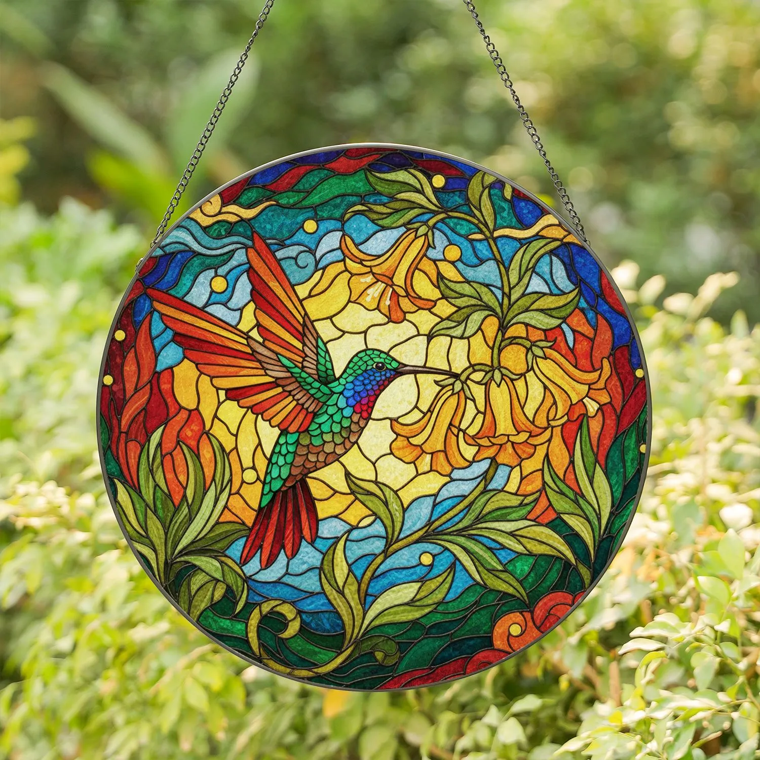 Hummingbird Bell Flowers Garden Foliage Swirling Sky - Home Decor Gift for Nature Lovers Stained Glass Suncatcher - 1
