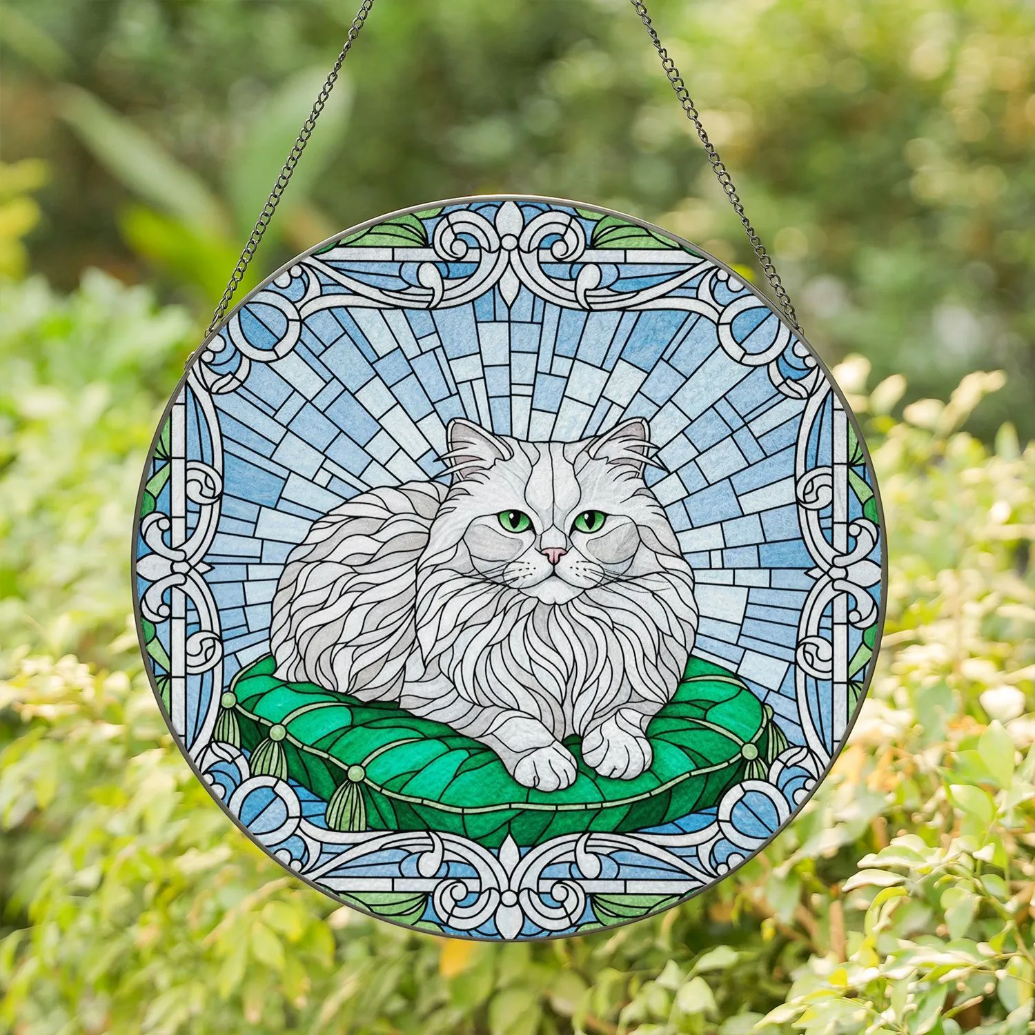Stained Glass White Persian Cat Emerald Cushion Floral Border - Home Decor Gift for Cat Lover Stained Glass Suncatcher - 1