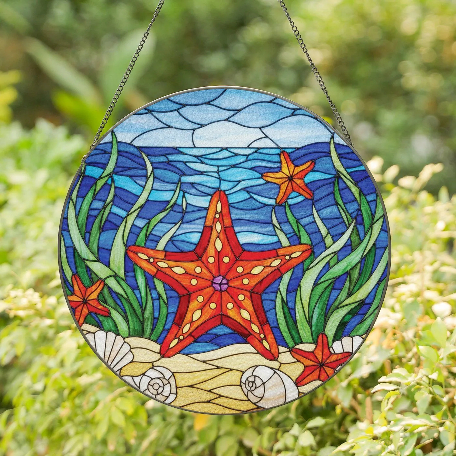 Starfish Ocean Waves Seashells Sand - Coastal Home Decor Gift for Sea Lover Stained Glass Suncatcher - 1