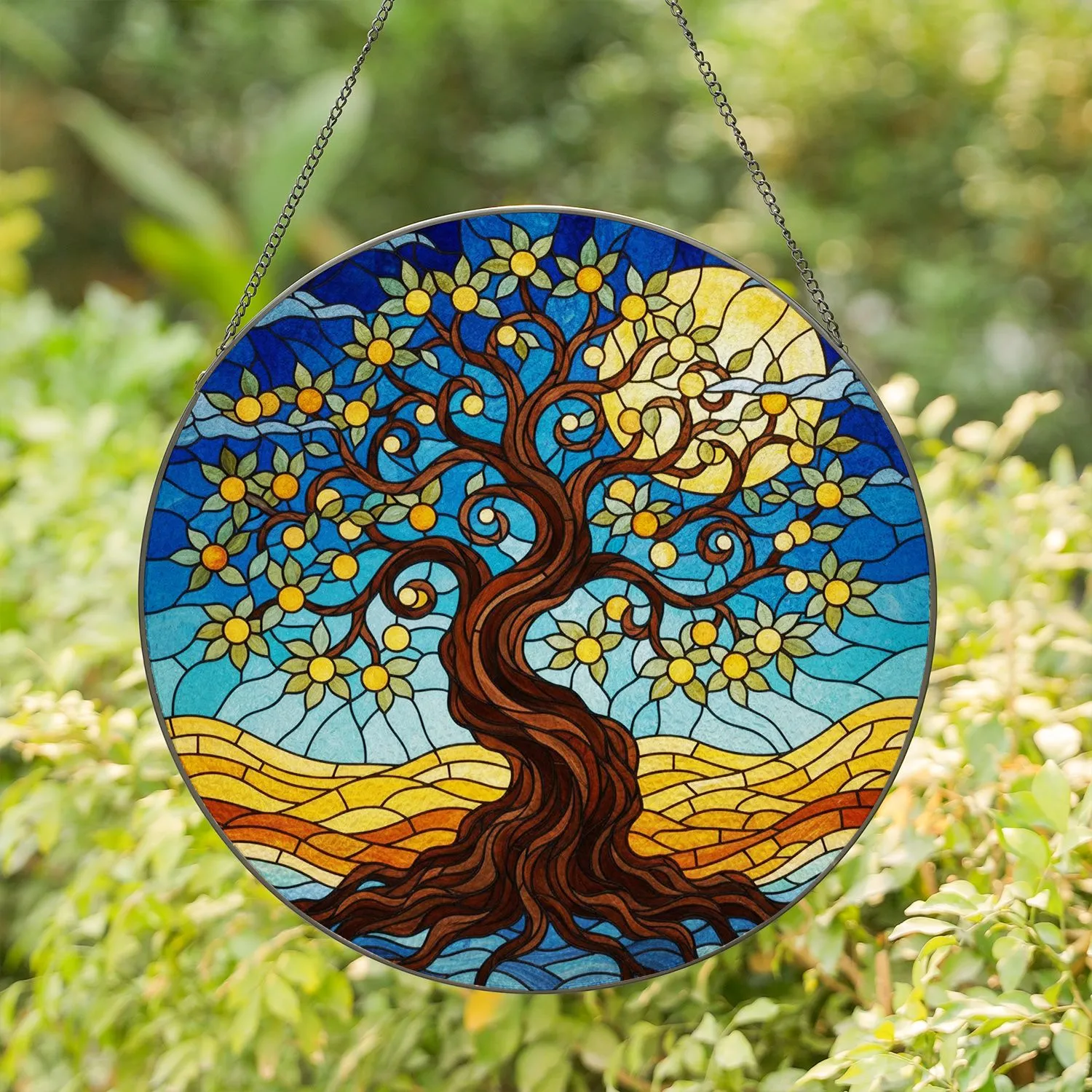 Gnarled Tree of Life Full Moon Glowing Orbs Rolling Hills Cloudy Sky - Home Decor Gift Stained Glass Suncatcher - 1