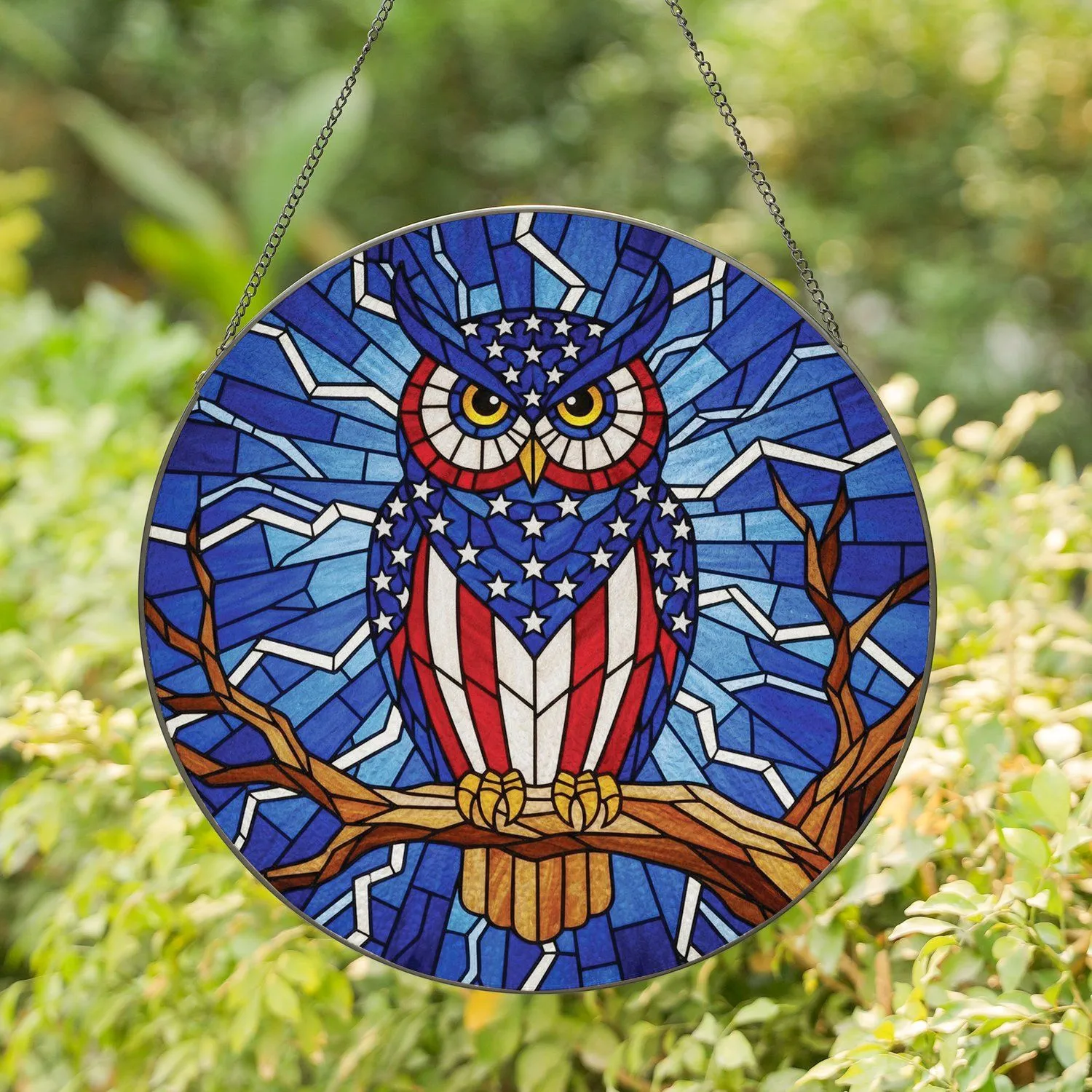 American Flag Owl Lightning Storm - Patriotic Home Decor Gift for Veterans Stained Glass Suncatcher - 1