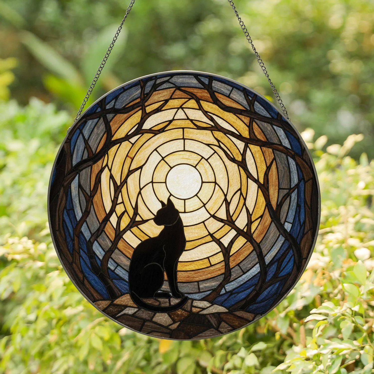 Black Cat Full Moon Gnarled Tree Branches - Window Display Home Accent Gift for Cat Lover Stained Glass Suncatcher - 1