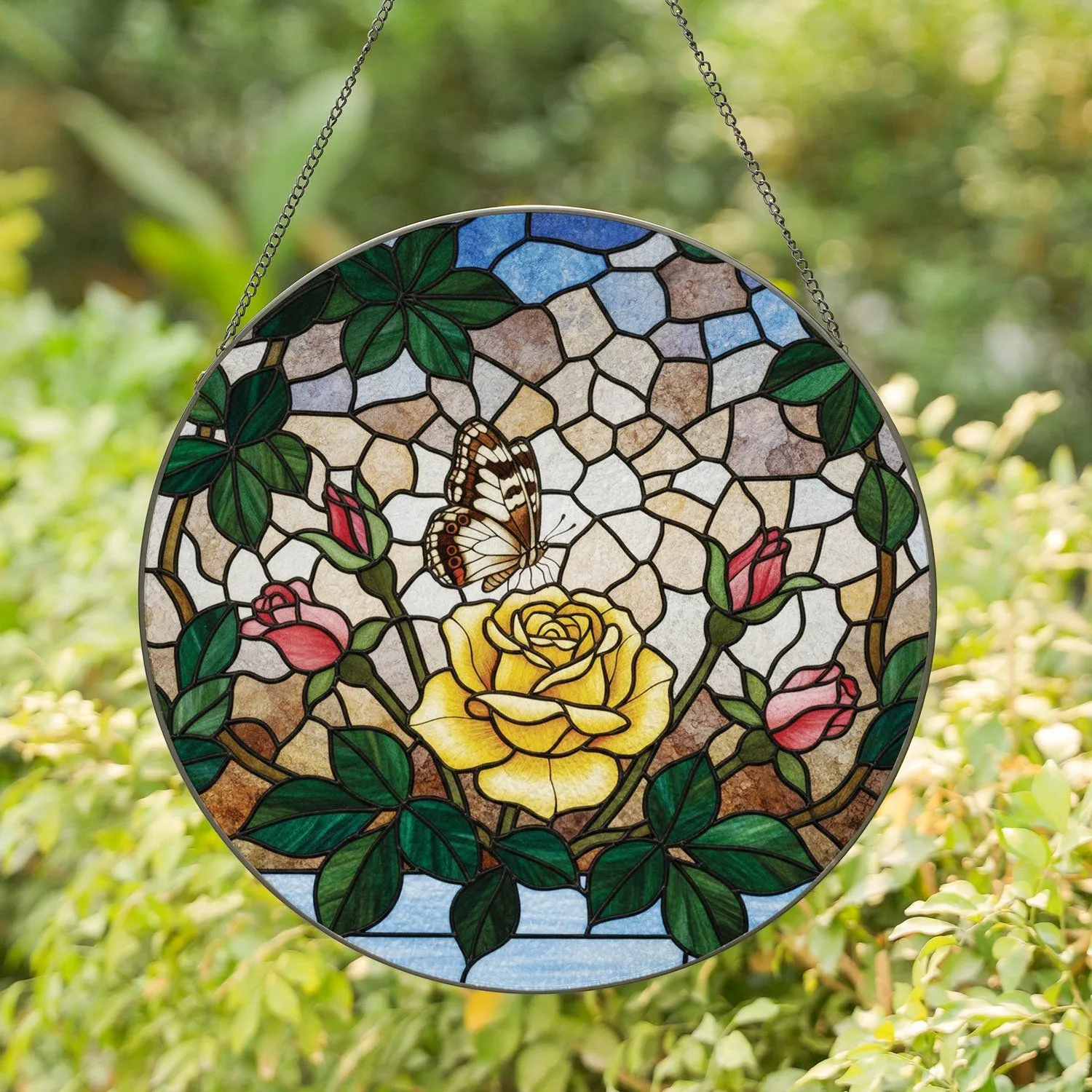 Tiffany Style Butterfly Rose Rosebuds Green Leaves - Home Decor Gift for Garden Lover Stained Glass Suncatcher - 1