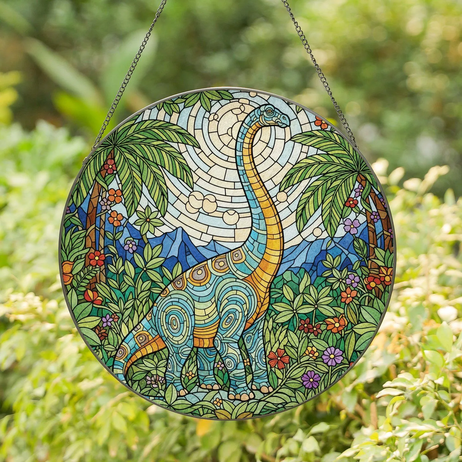 Brontosaurus Dinosaur Prehistoric Jungle Landscape - Home Decor Gift for Dinosaur Lover Stained Glass Suncatcher - 1
