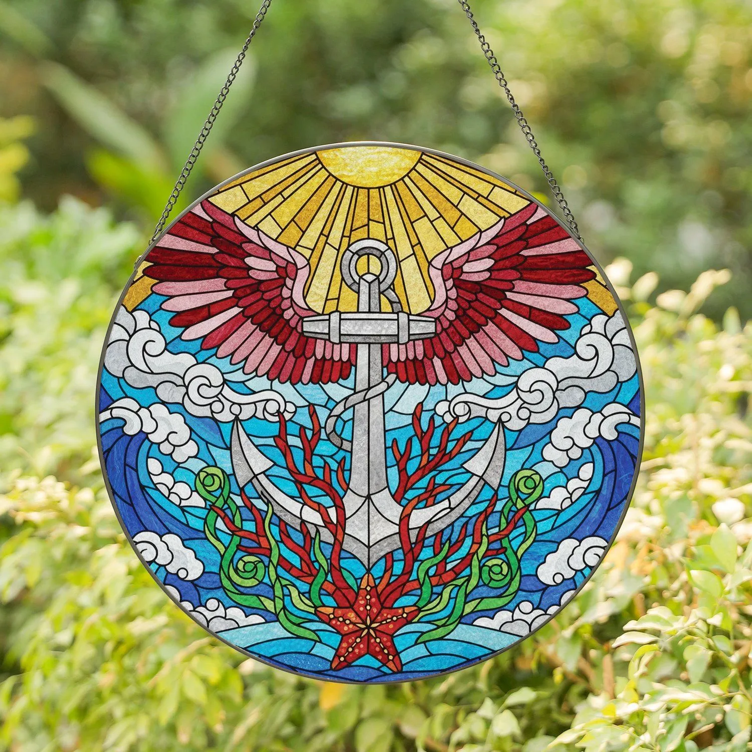 Majestic Silver Anchor Wings Golden Sun Ocean Waves Coral Starfish - Home Decor Gift Stained Glass Suncatcher - 1
