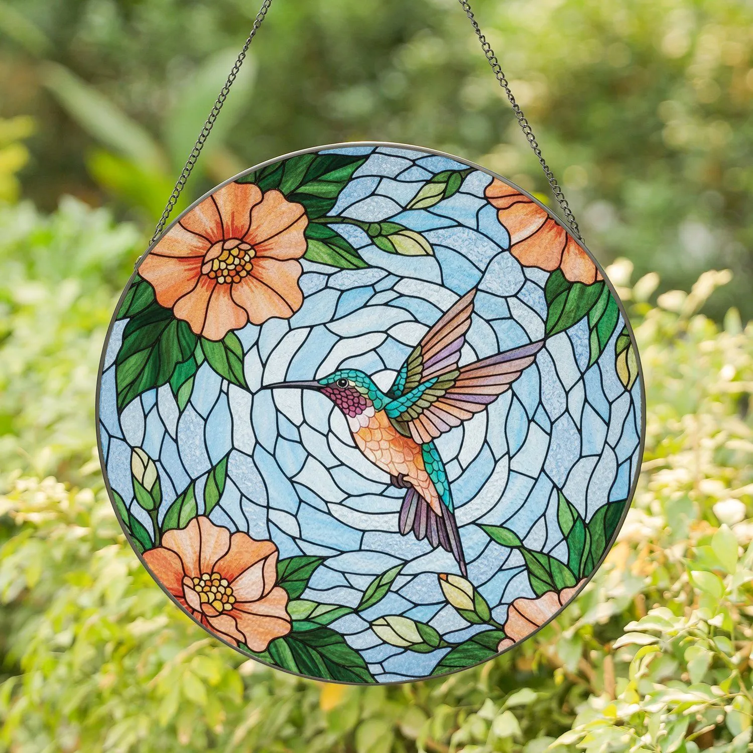 Iridescent Hummingbird Blooming Peach Orange Flowers Green Leaves - Home Decor Gift Stained Glass Suncatcher - 1