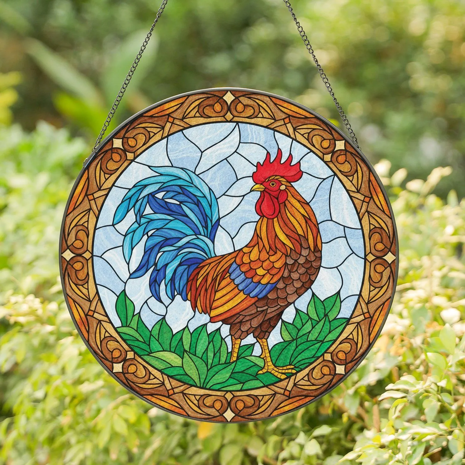 Stained Glass Rooster Farmhouse Circle Home Decor Gift Stained Glass Suncatcher - 1