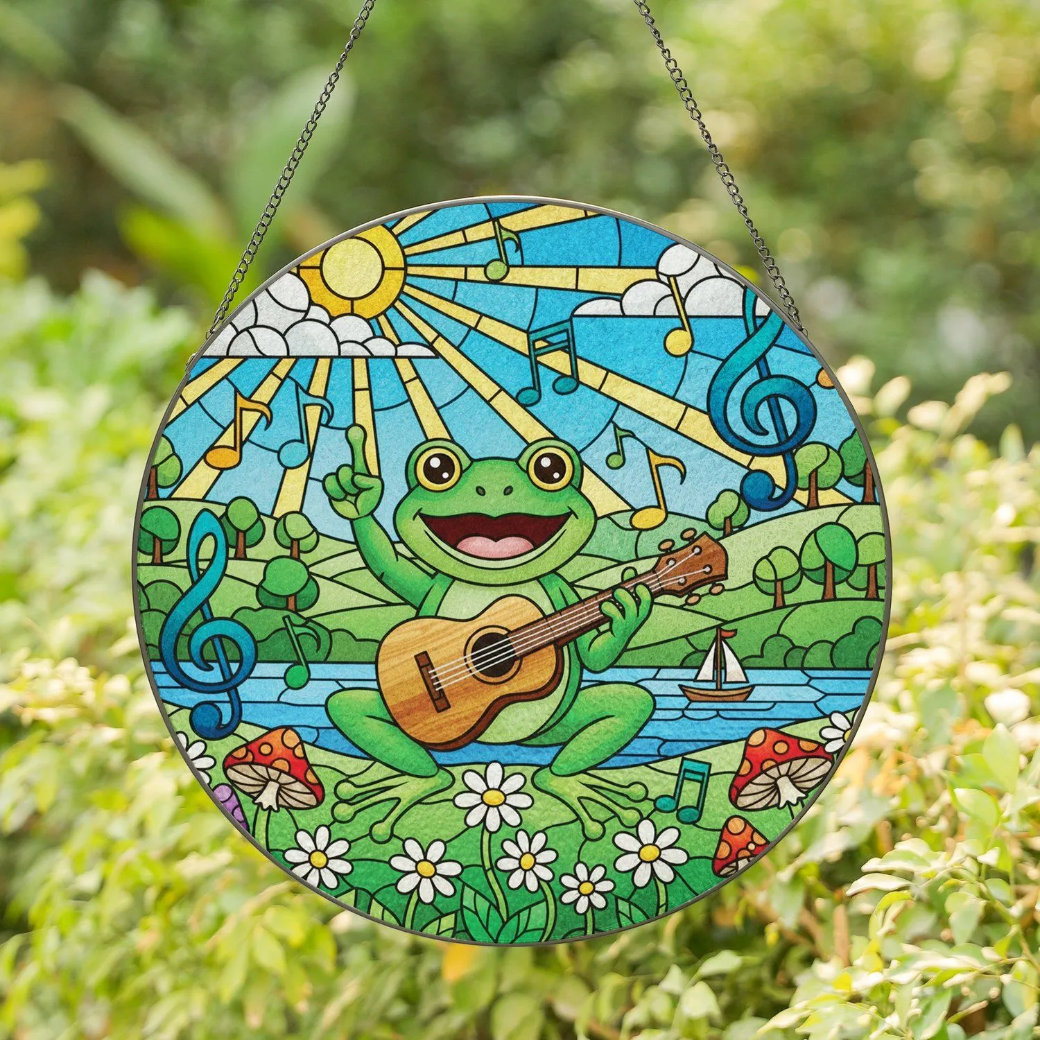 Stained Glass Frog Acoustic Guitar Lake Scene - Home Decor Gift for Music Lover Stained Glass Suncatcher - 1