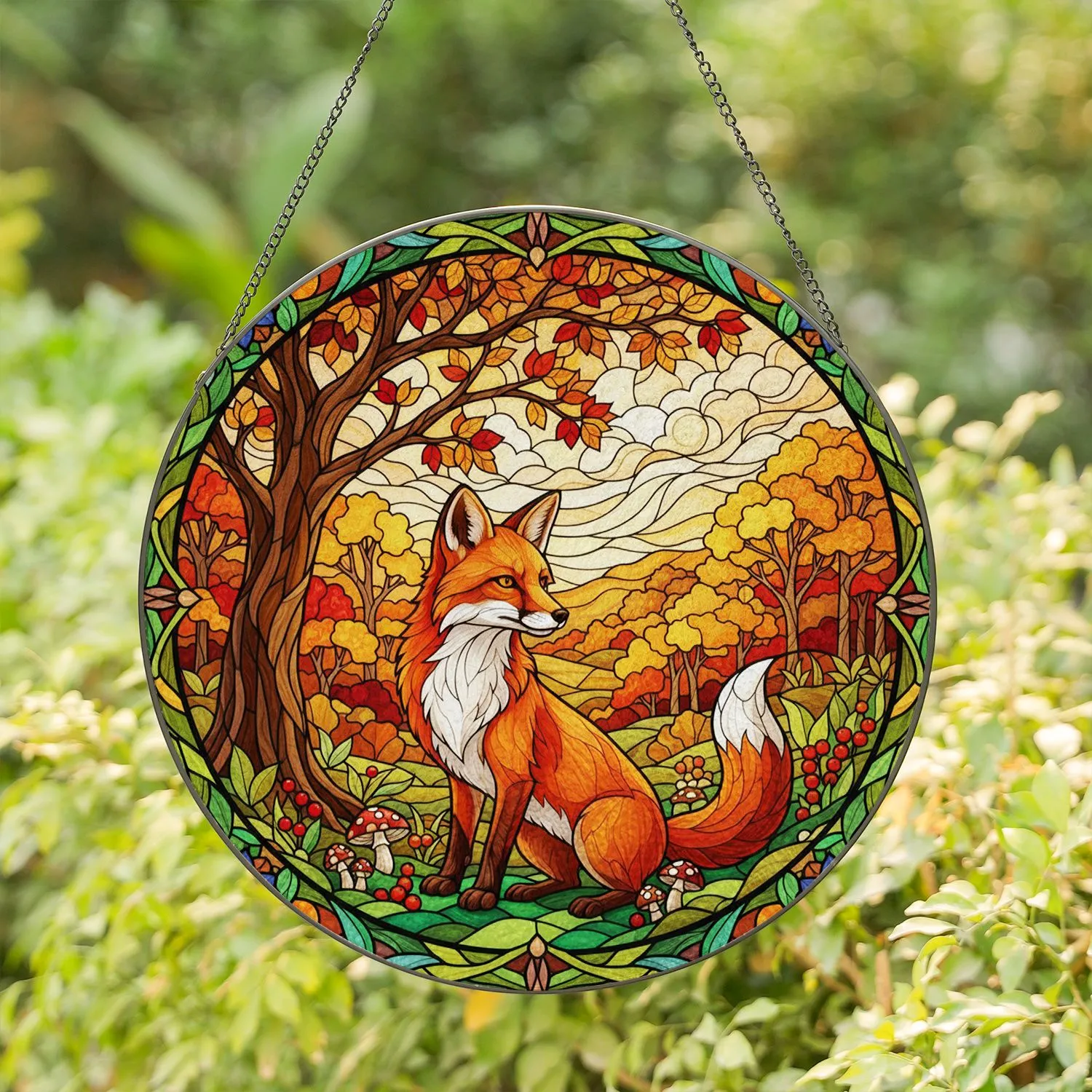 Red Fox Autumn Woodland Berries Mushrooms - Wildlife Lover Home Decor Gift Stained Glass Suncatcher - 1