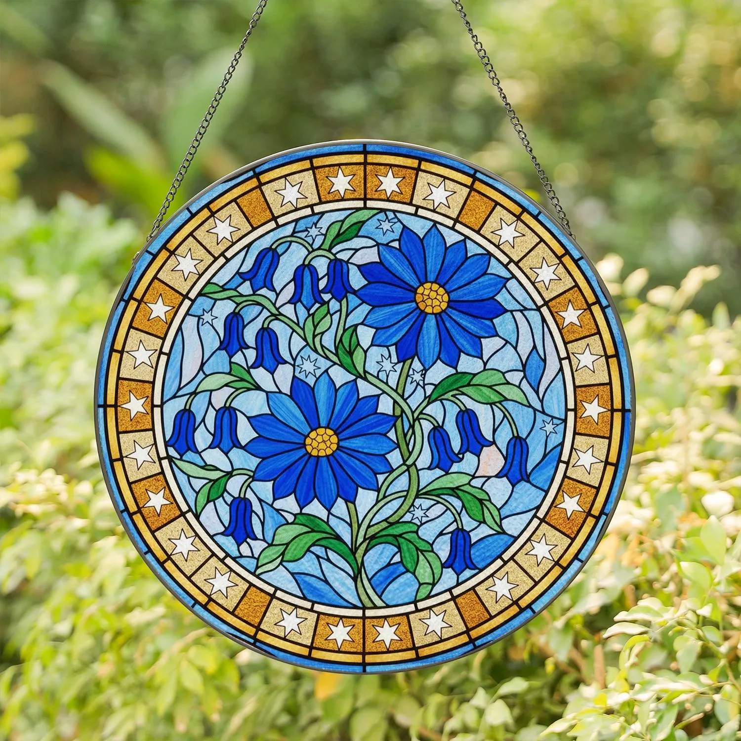 Royal Blue Daisy Bellflower Floral Vine Golden Star Band - Home Decor Gift Stained Glass Suncatcher - 1