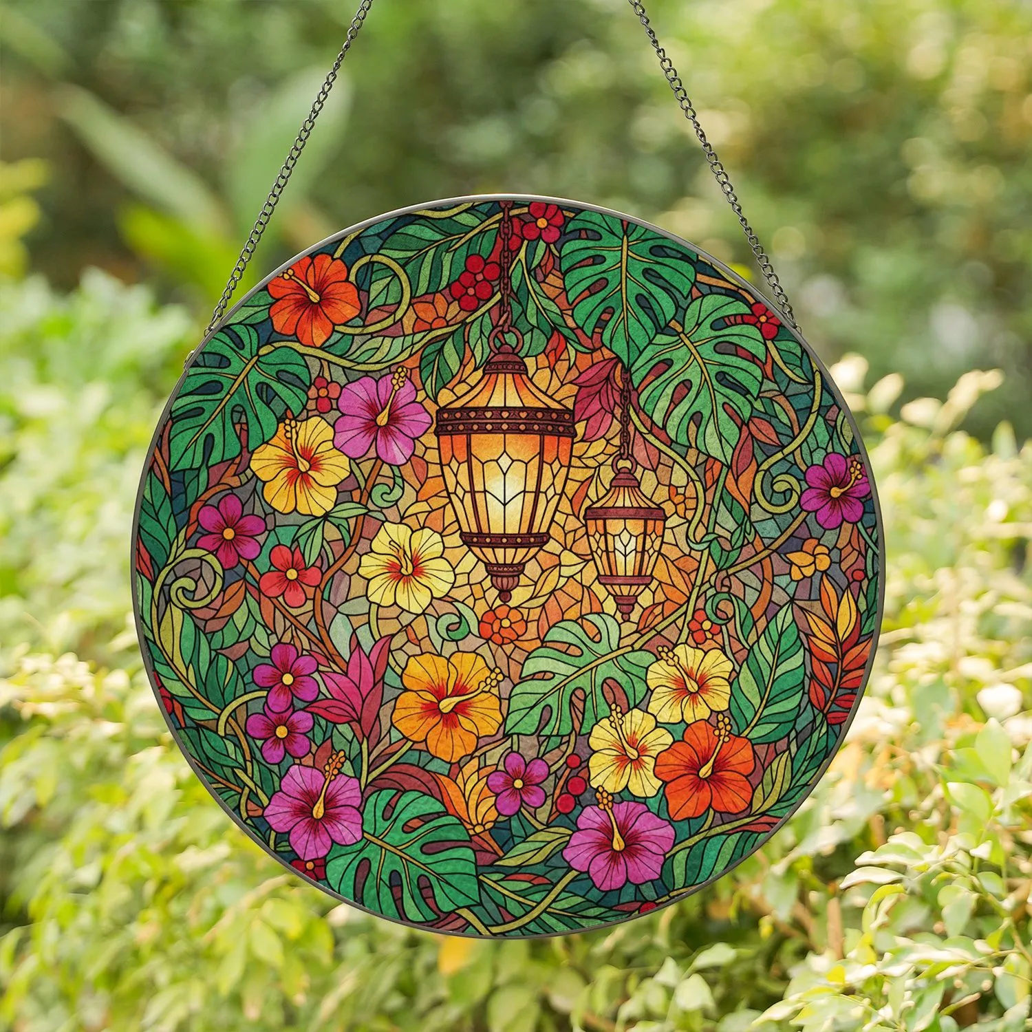Ornate Hanging Lanterns Tropical Flowers Mosaic - Glowing Translucent Jewel Tones Home Decor Gift Stained Glass Suncatcher - 1