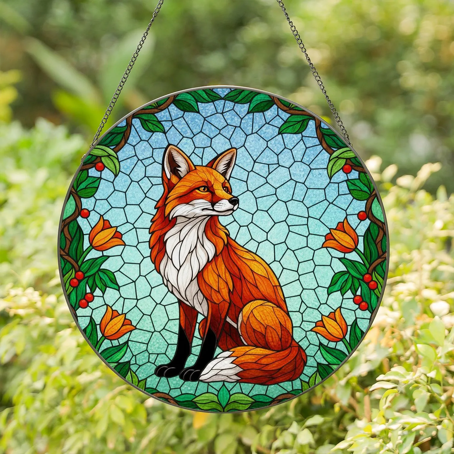 Red Fox Blooming Flowers Mosaic Sky - Home Decor Gift for Fox Lover Stained Glass Suncatcher - 1