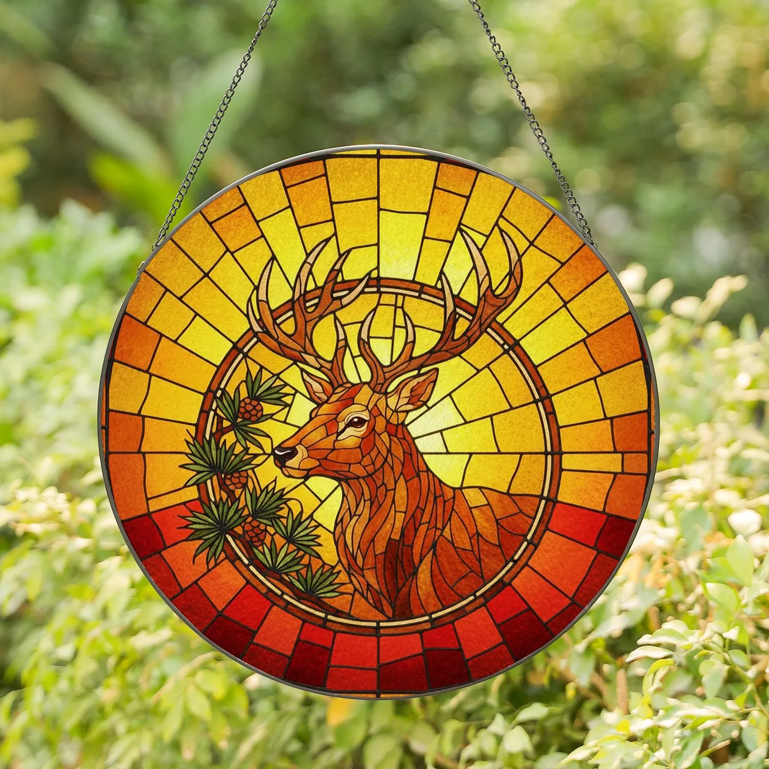 Majestic Stag Antlers Sunset Pine Needles - Nature Home Decor Gift for Wildlife Lover Stained Glass Suncatcher - 1