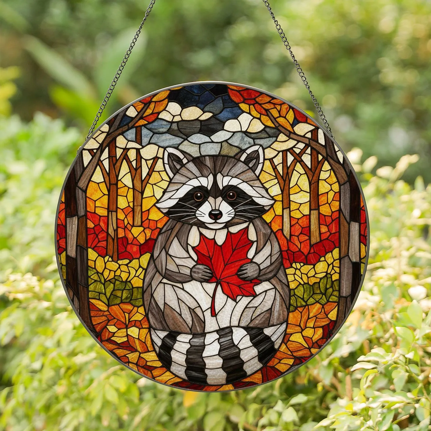 Plump Raccoon Maple Leaf Autumn Leaves - Autumn Home Decor Gift for Wildlife Lover Stained Glass Suncatcher - 1