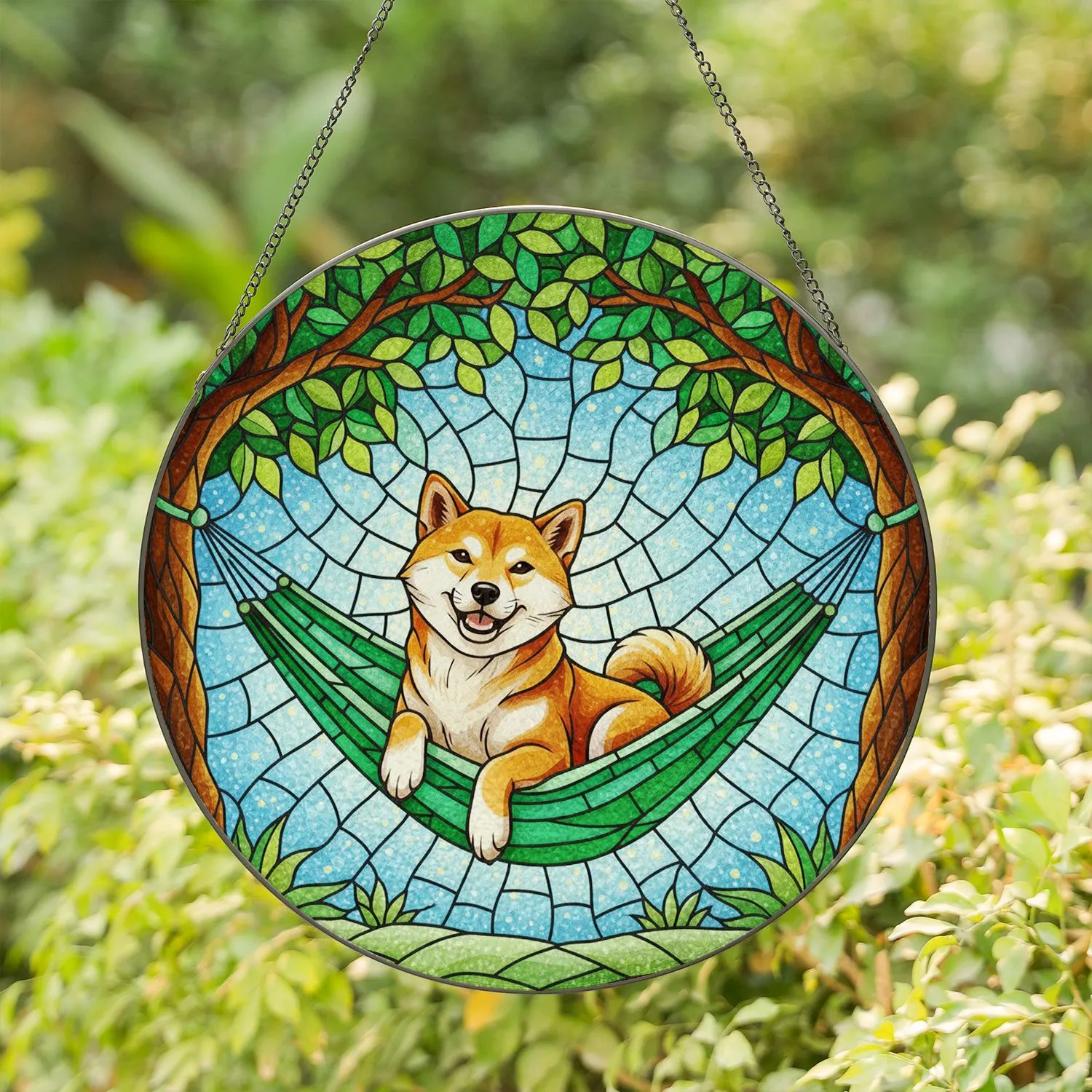 Shiba Inu Dog Hammock Tree Sky Mosaic - Home Decor Gift for Dog Lover Stained Glass Suncatcher - 1