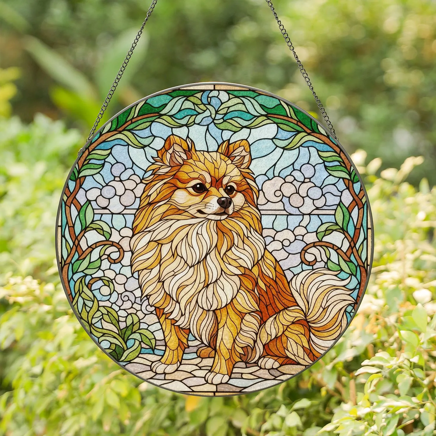 Fluffy Pomeranian Dog Intertwining Foliage Home Decor Gift for Pomeranian Owners Stained Glass Suncatcher - 1