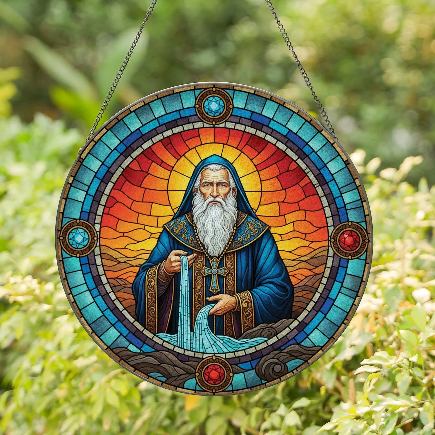 Revered Monk Pouring Water Fiery Sunset Medallions - Spiritual Home Decor Gift Stained Glass Suncatcher - 1