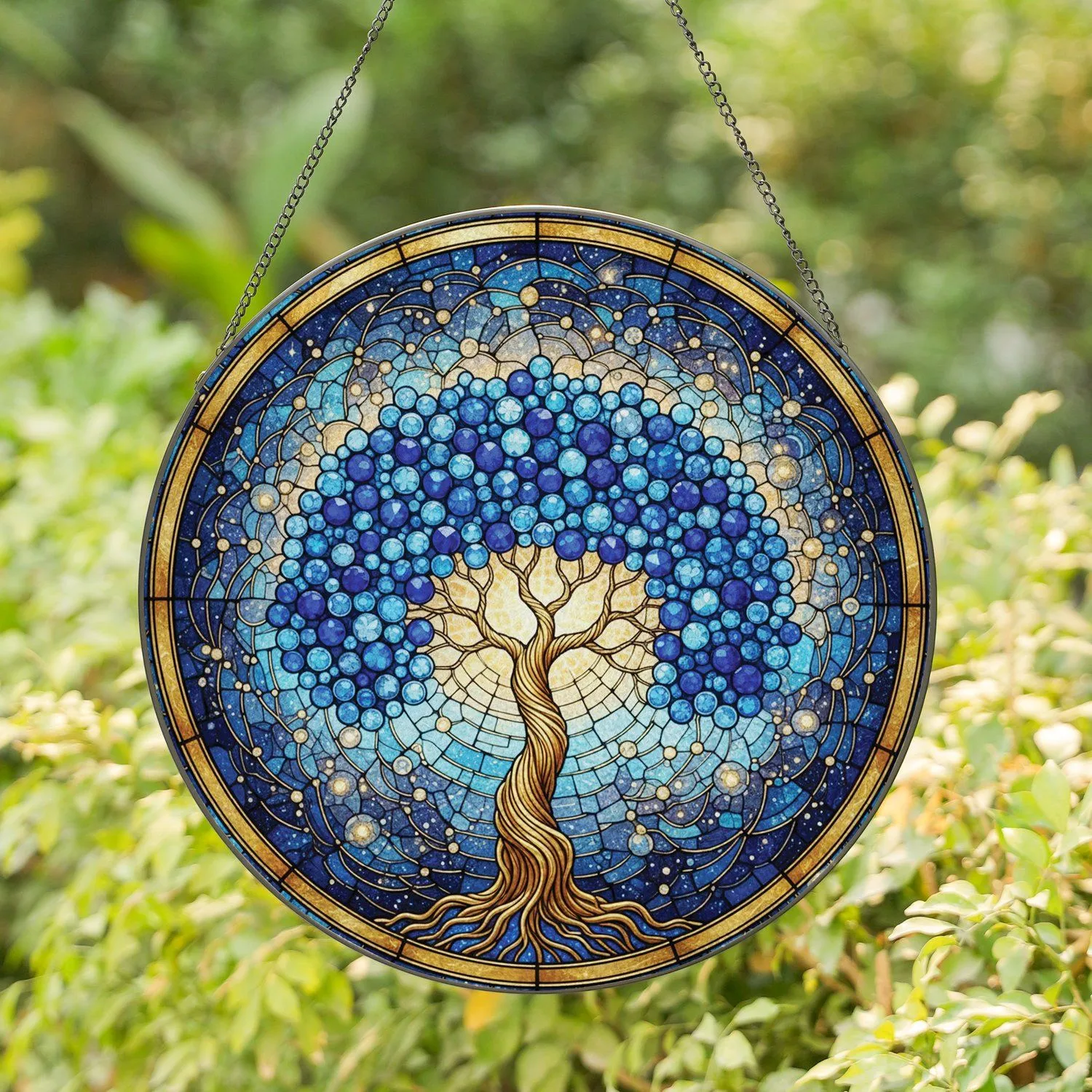 Indigo Azure Gold Golden Frame Tree of Life Cosmic Starlight - Home Decor Gift Stained Glass Suncatcher - 1