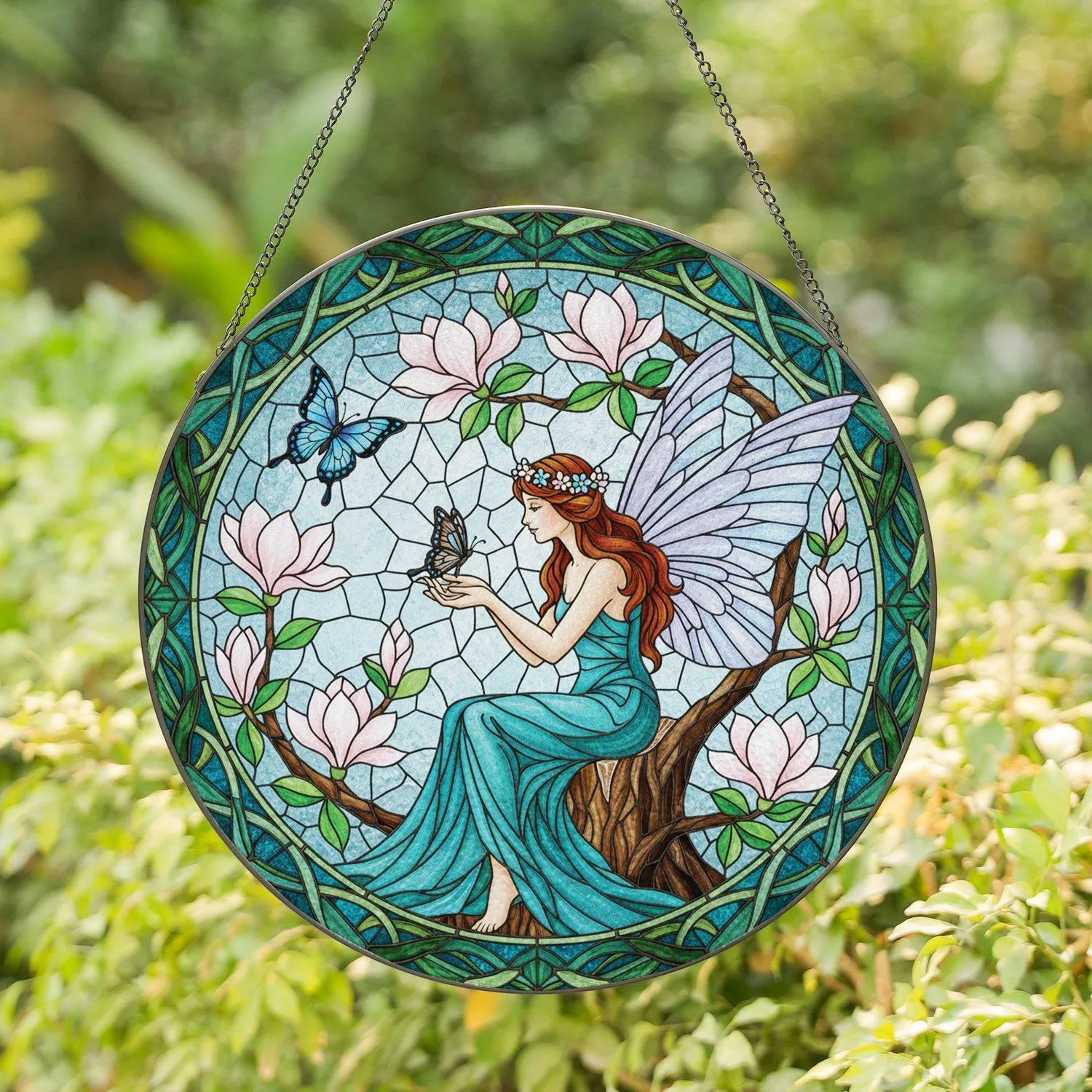 Graceful Fairy Butterfly Magnolia Flower - Home Decor Gift for Fairy Lover Stained Glass Suncatcher - 1