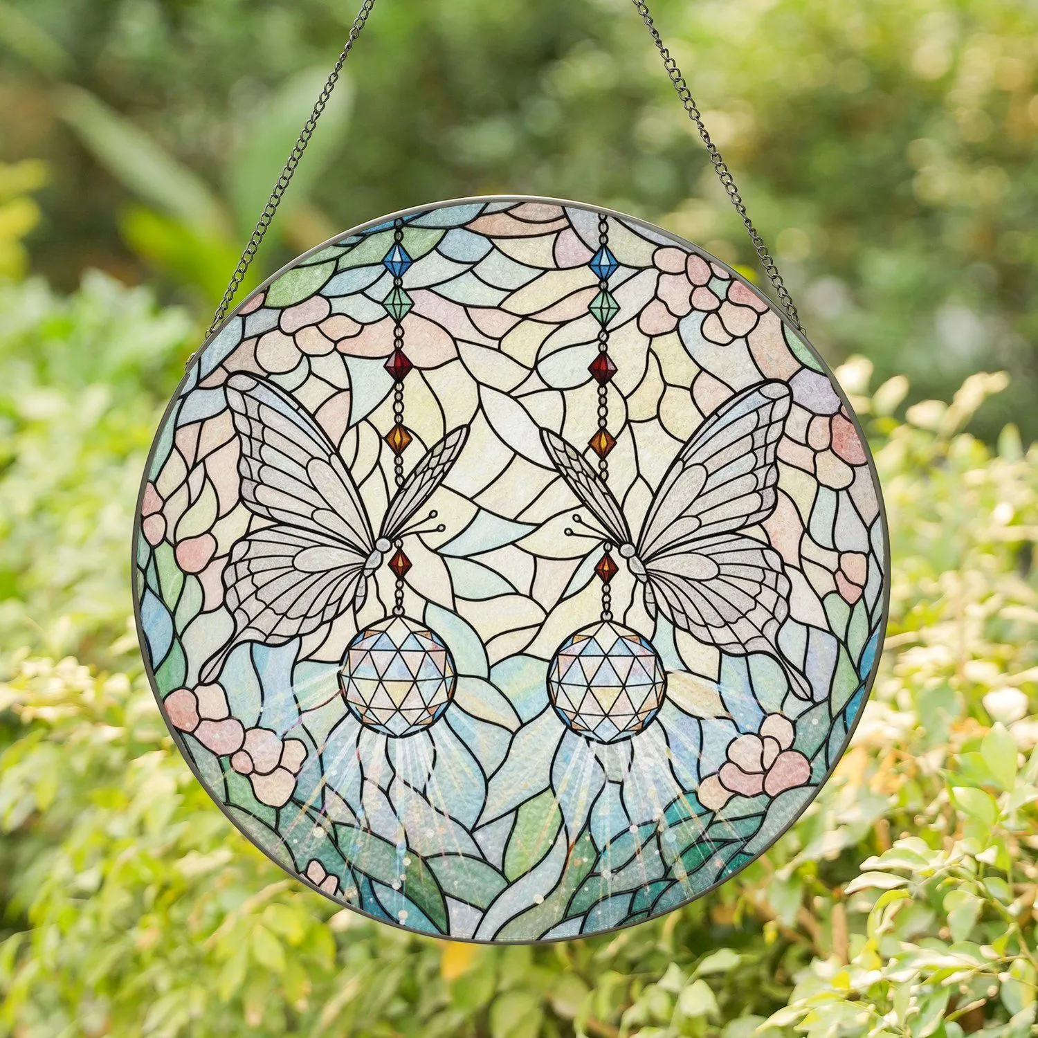 Filigree Butterflies Crystal Spheres Tiffany Glass Mosaic - Home Decor Gift Stained Glass Suncatcher - 1