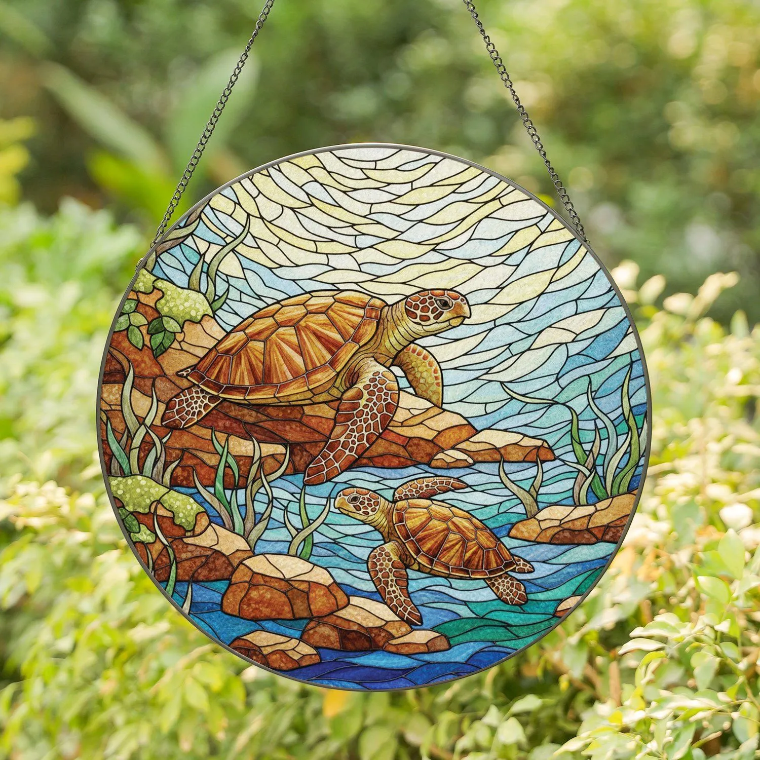 Sea Turtles Textured Rocks Green Moss Swirling Water - Wildlife Lover Home Decor Gift Stained Glass Suncatcher - 1