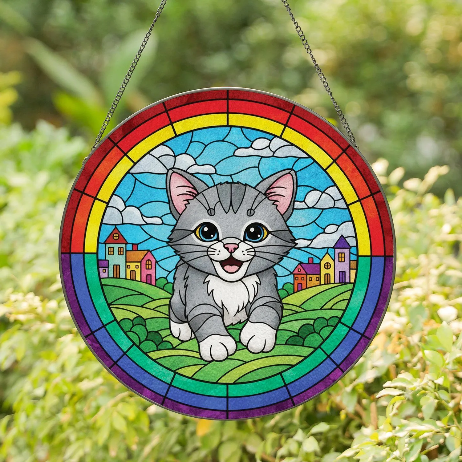 Grey Kitten Rainbow Border Green Hills Colorful Houses - Cat Lover Home Decor Gift Stained Glass Suncatcher - 1