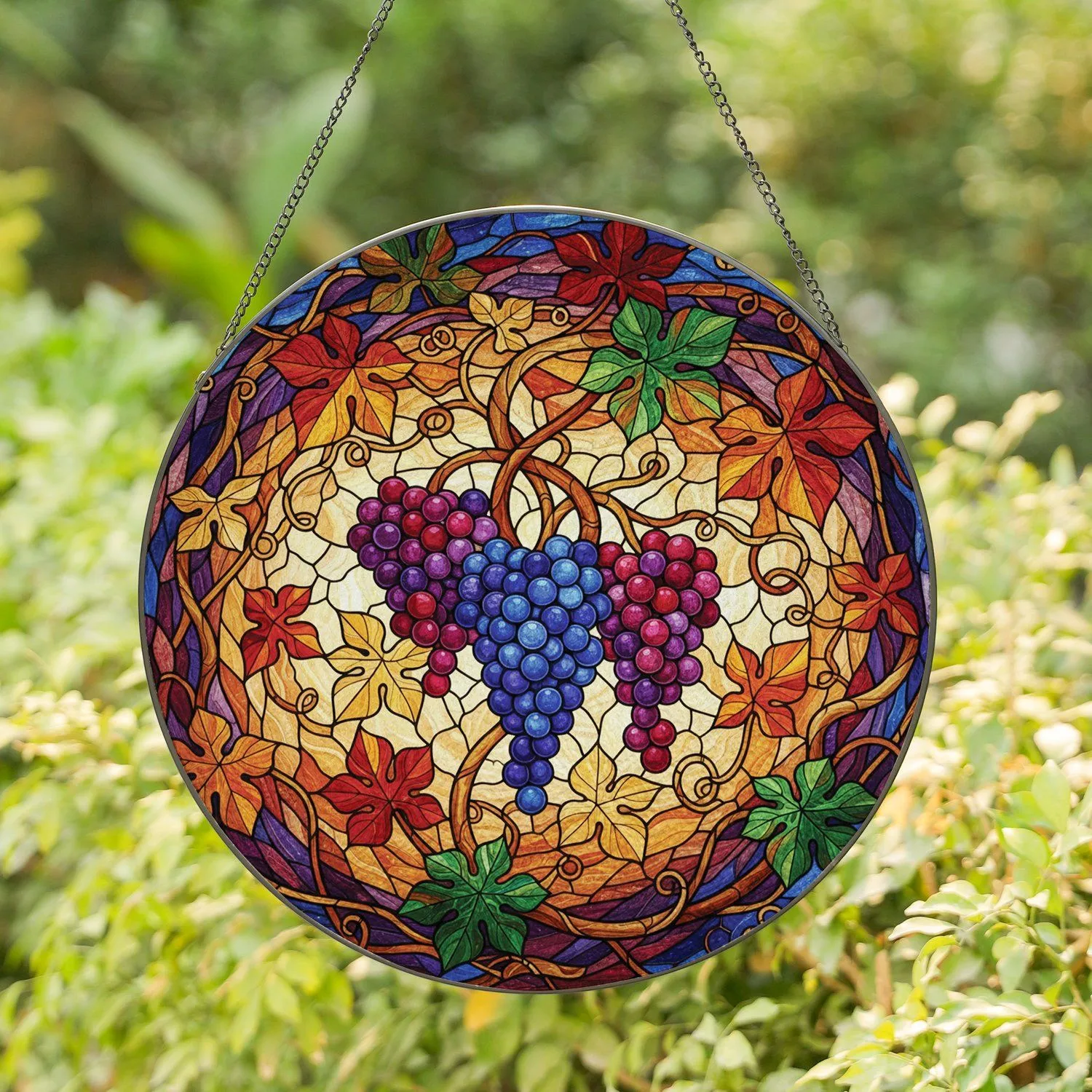 Clusters of Ripe Grapes Twisting Vines Autumn Leaves Tendrils Home Decor Gift for Fruit Lover Stained Glass Suncatcher - 1