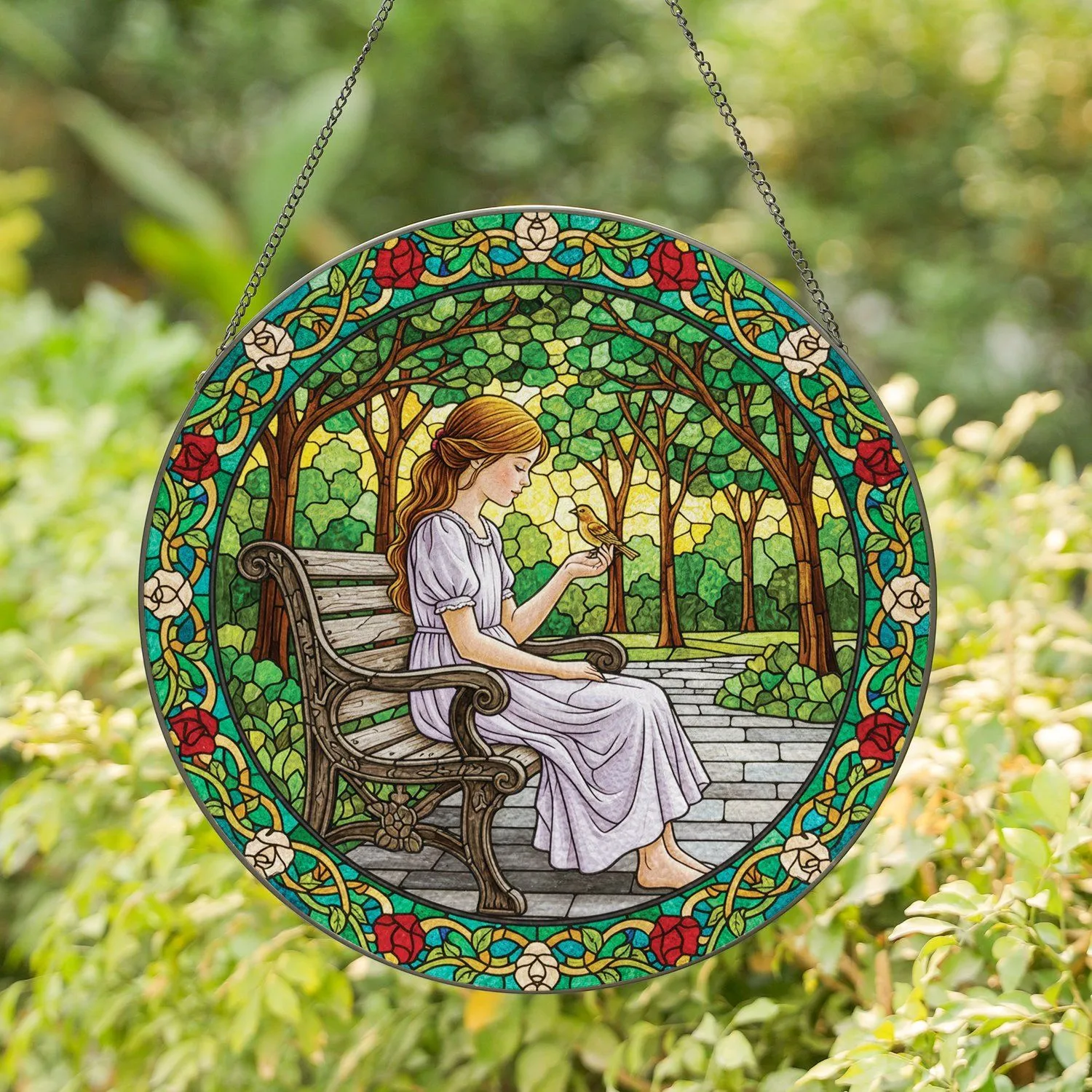 Young Girl Bird Rustic Wooden Park Bench Floral Park Scene - Home Decor Gift Stained Glass Suncatcher - 1