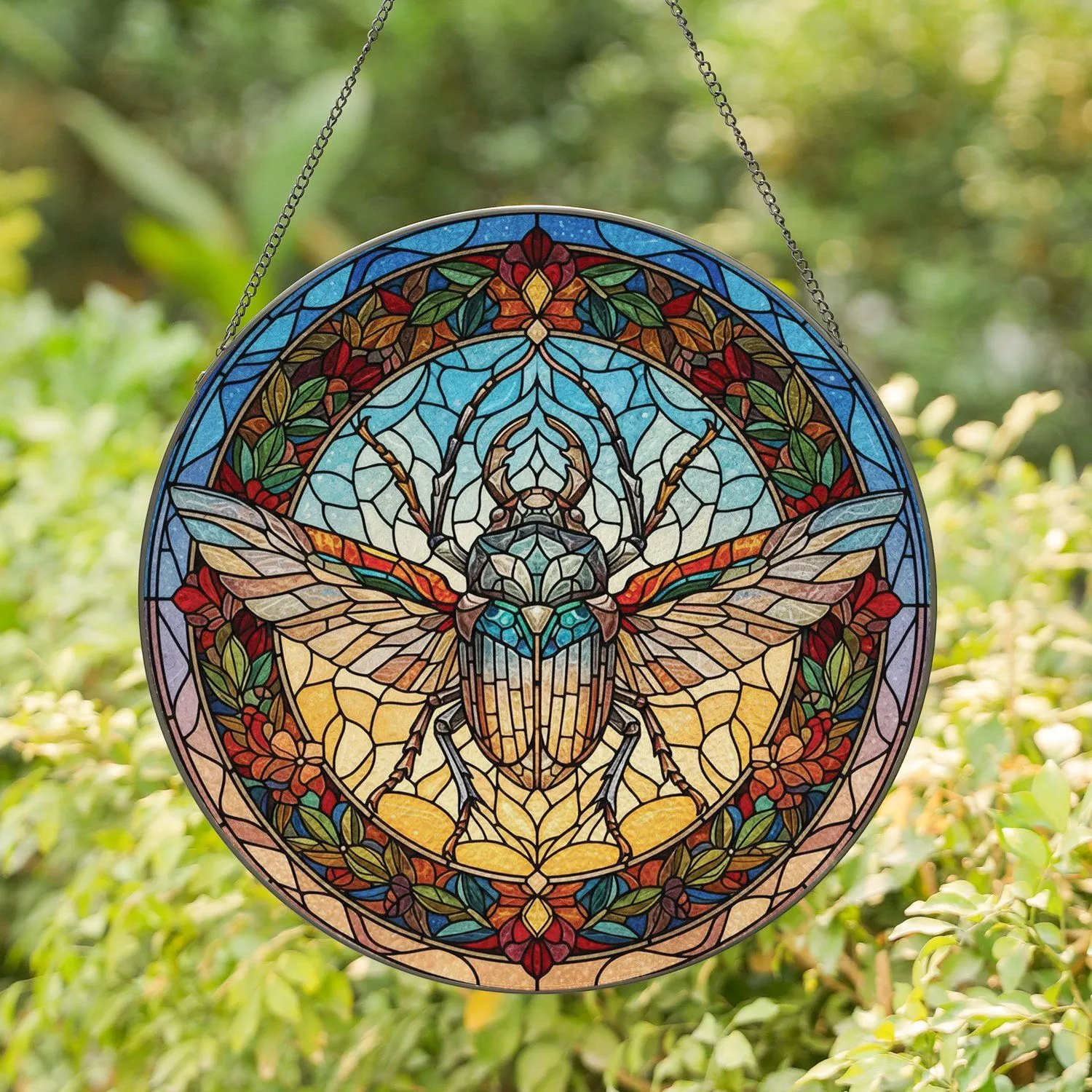 Iridescent Scarab Beetle Outstretched Wings Floral Mosaic - Nature Lover Home Decor Gift Stained Glass Suncatcher - 1