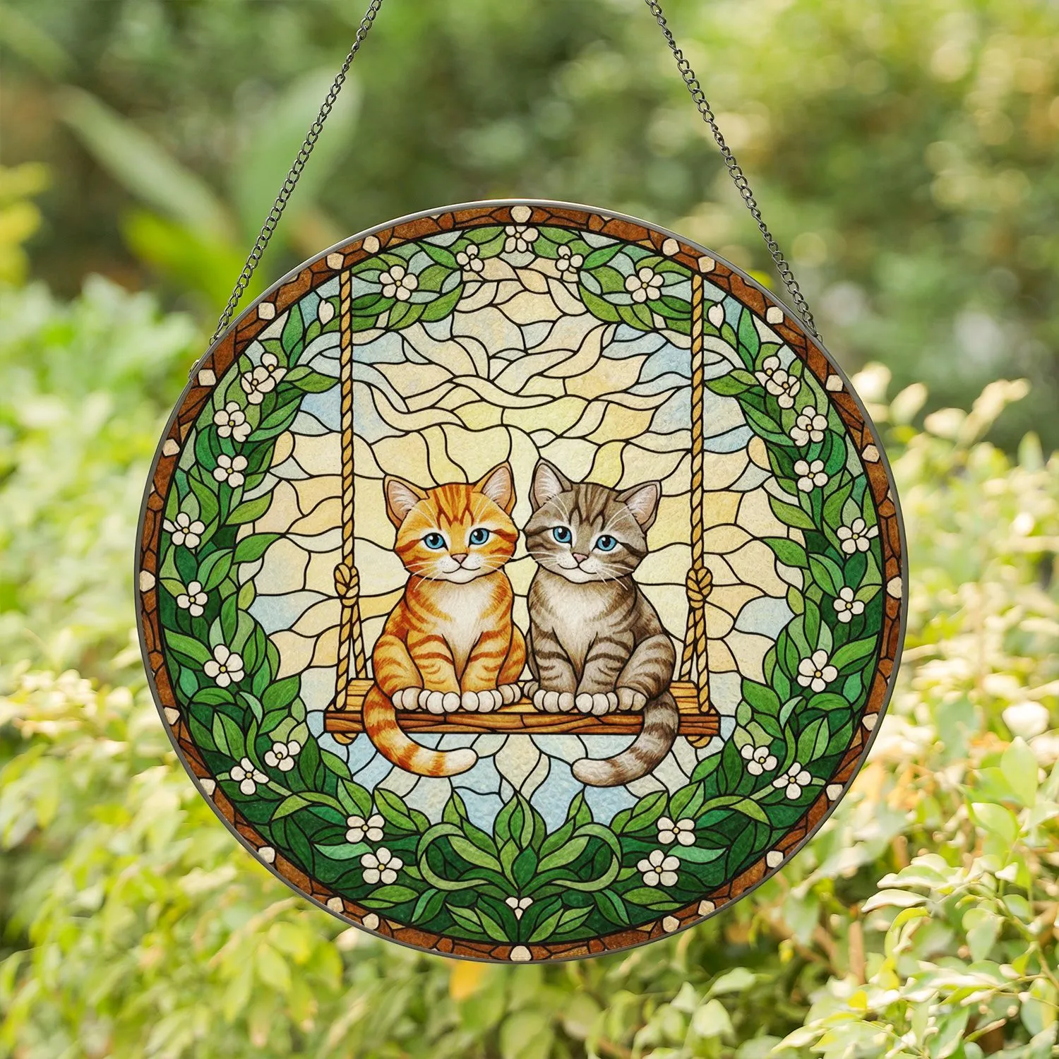 Ginger & Grey Tabby Kittens Rustic Wooden Swing Lush Foliage - Cat Lover Home Decor Gift Stained Glass Suncatcher - 1