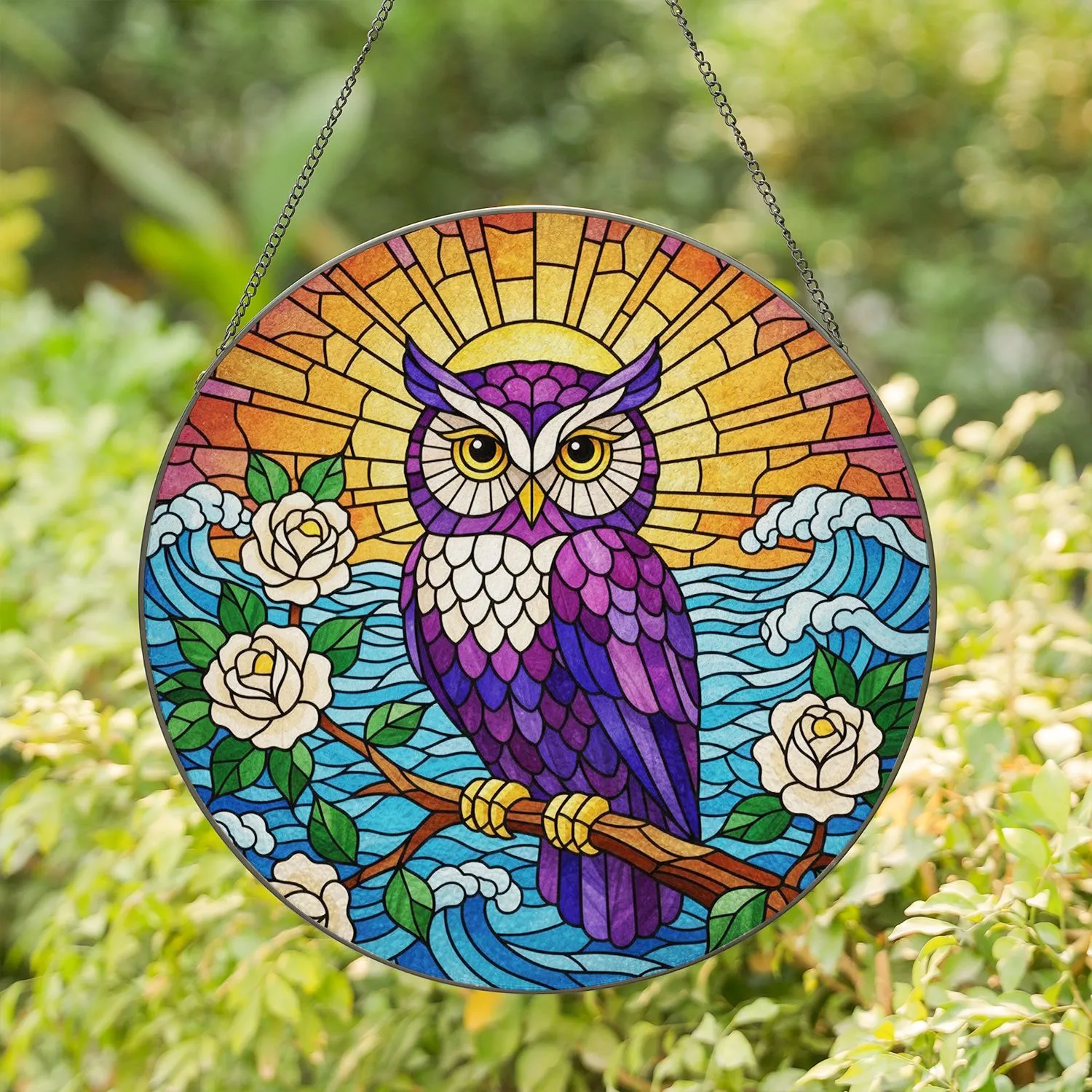 Owl Stained Glass Roses Seascape - Home Decor Gift for Bird Lover Stained Glass Suncatcher - 1