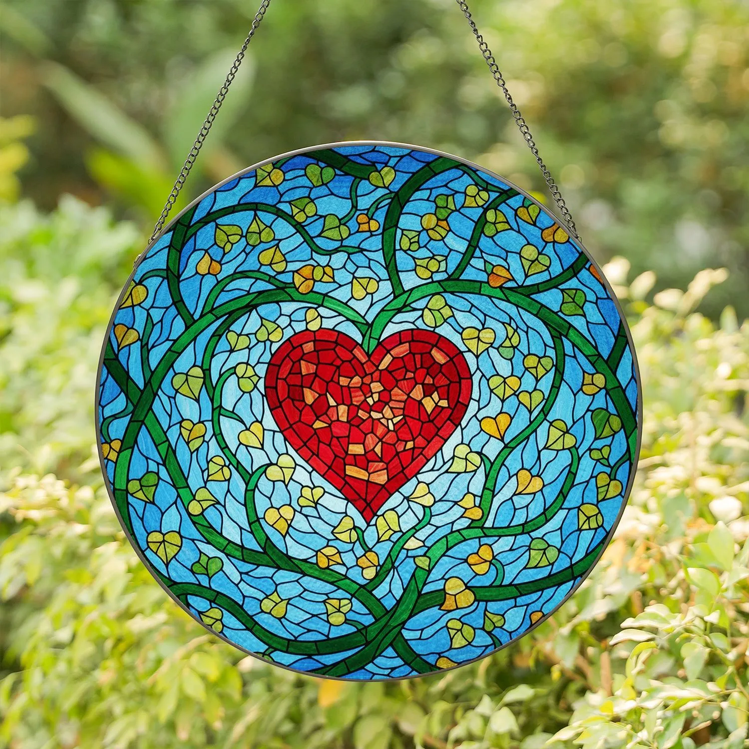 Expansive Mosaic Stained Glass Heart Flowing Branches Leaves - Home Decor Gift Stained Glass Suncatcher - 1