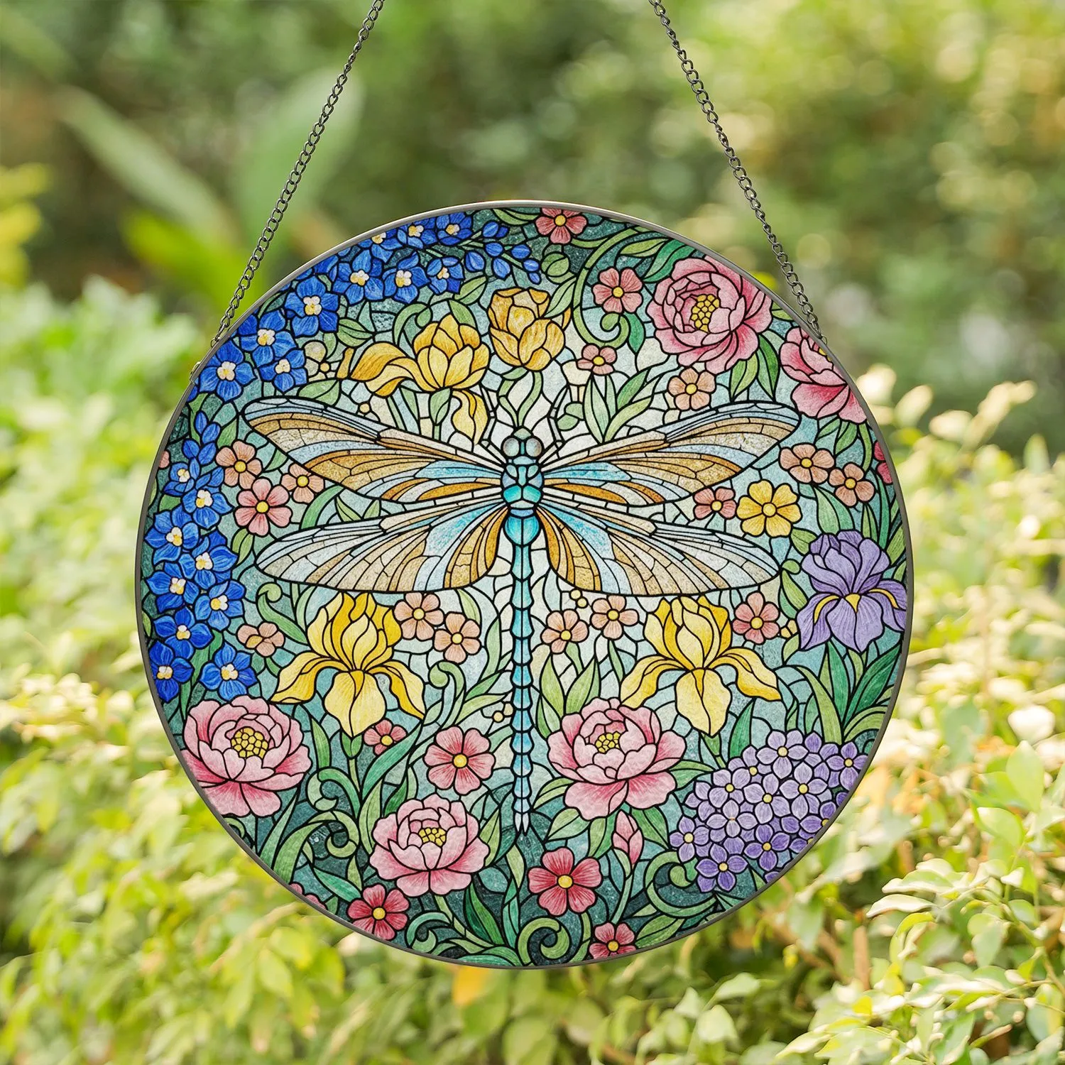 Tiffany Stained Glass Dragonfly Blooming Flowers Mosaic - Home Decor Gift Stained Glass Suncatcher - 1