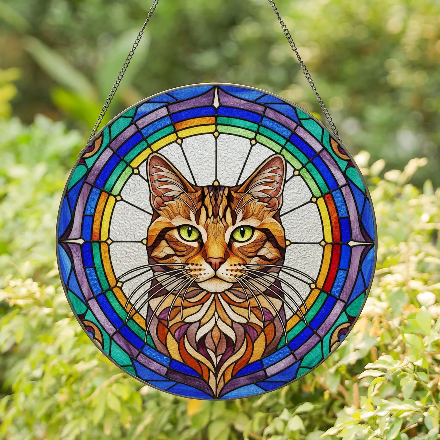 Tabby Cat Green Eyes Whiskers Rainbow Mosaic - Home Decor Gift for Cat Lovers Stained Glass Suncatcher - 1