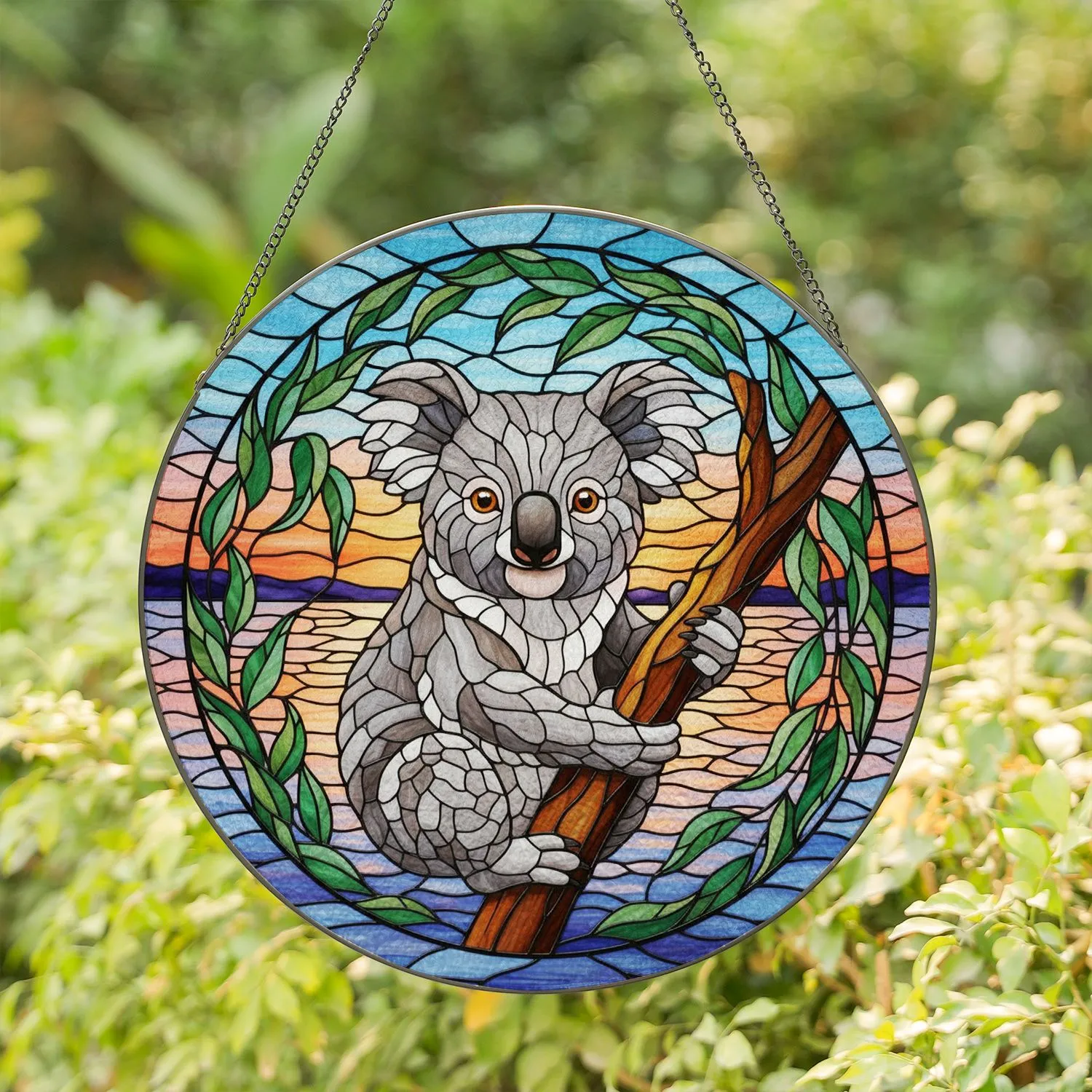 Koala Eucalyptus Branch Stained Glass Sunset Water Home Decor Wildlife Gift Stained Glass Suncatcher - 1