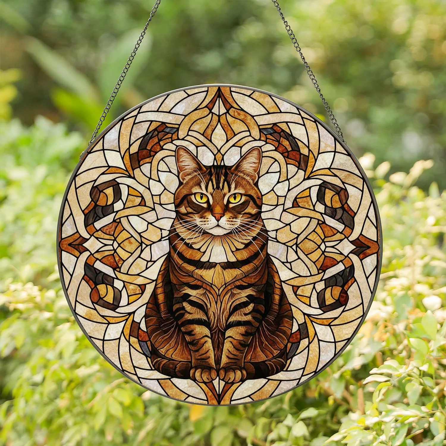 Stained Glass Plump Tabby Cat Yellow Eyes Brown Tan Stripes - Home Decor Gift for Cat Lover Stained Glass Suncatcher - 1
