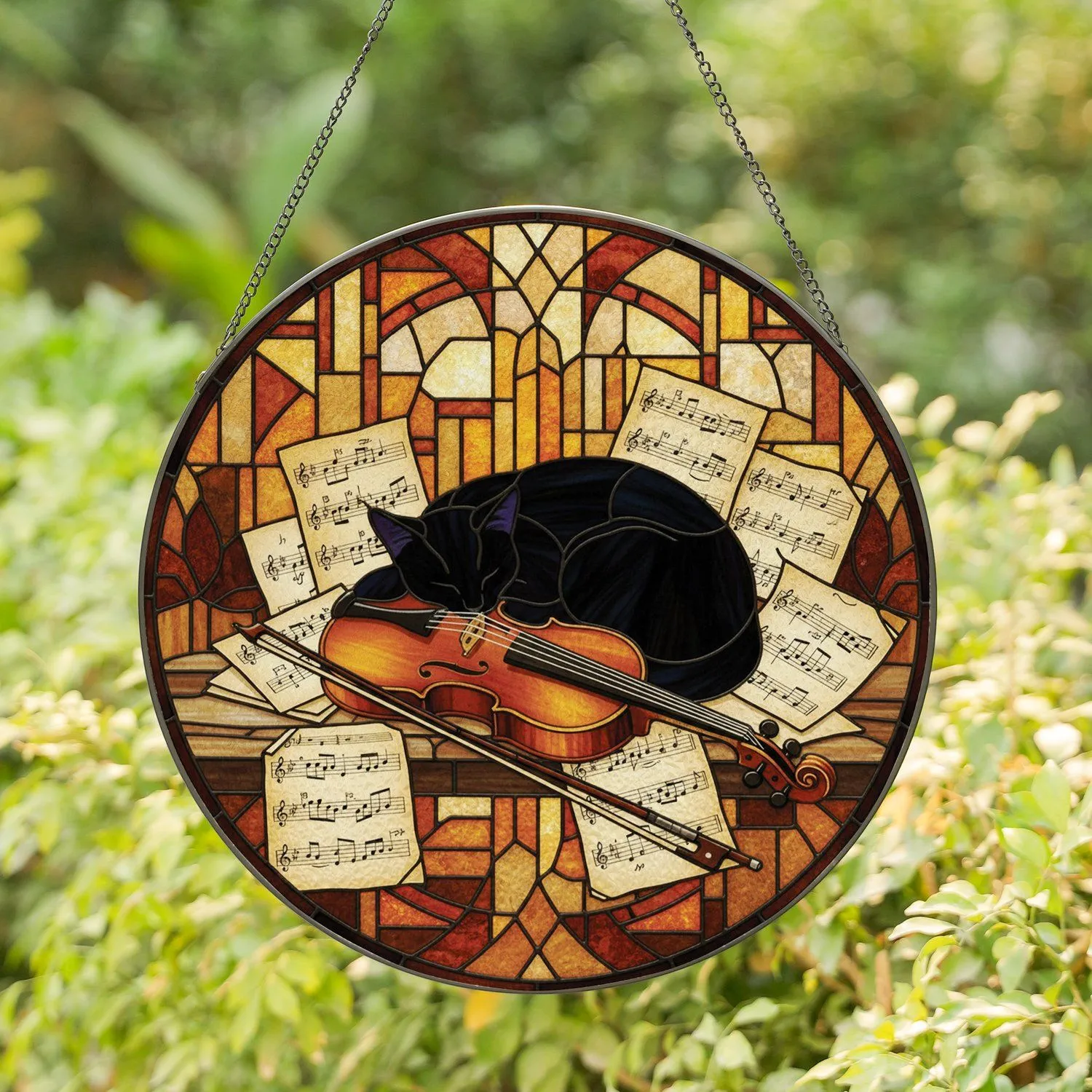 Black Cat Sleeping Violin Music Notes - Home Decor Gift for Cat Lover Stained Glass Suncatcher - 1