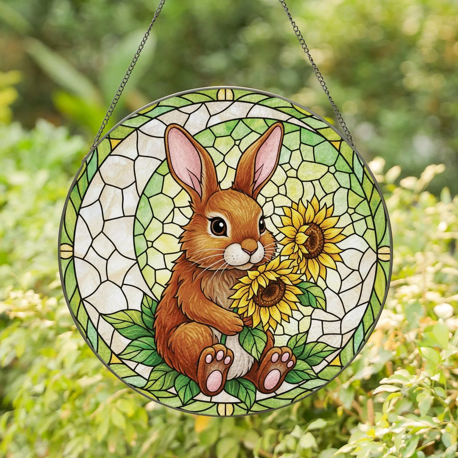 Fluffy Brown Rabbit Yellow Sunflowers Crescent Moon Green Leaves - Home Decor Gift for Wildlife Lover Stained Glass Suncatcher - 1