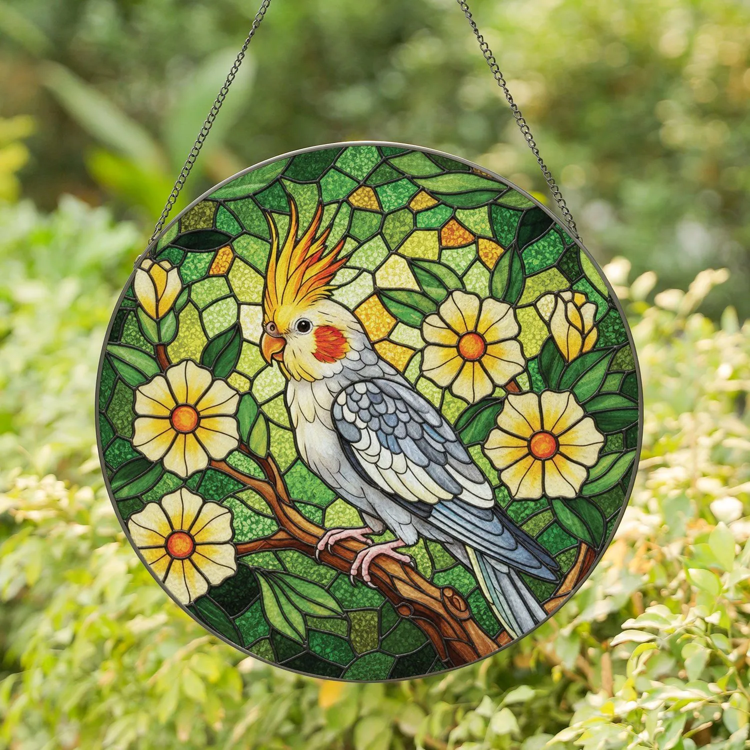 Cockatiel Tree Branch Flowers - Home Decor Gift for Bird Lover Stained Glass Suncatcher - 1
