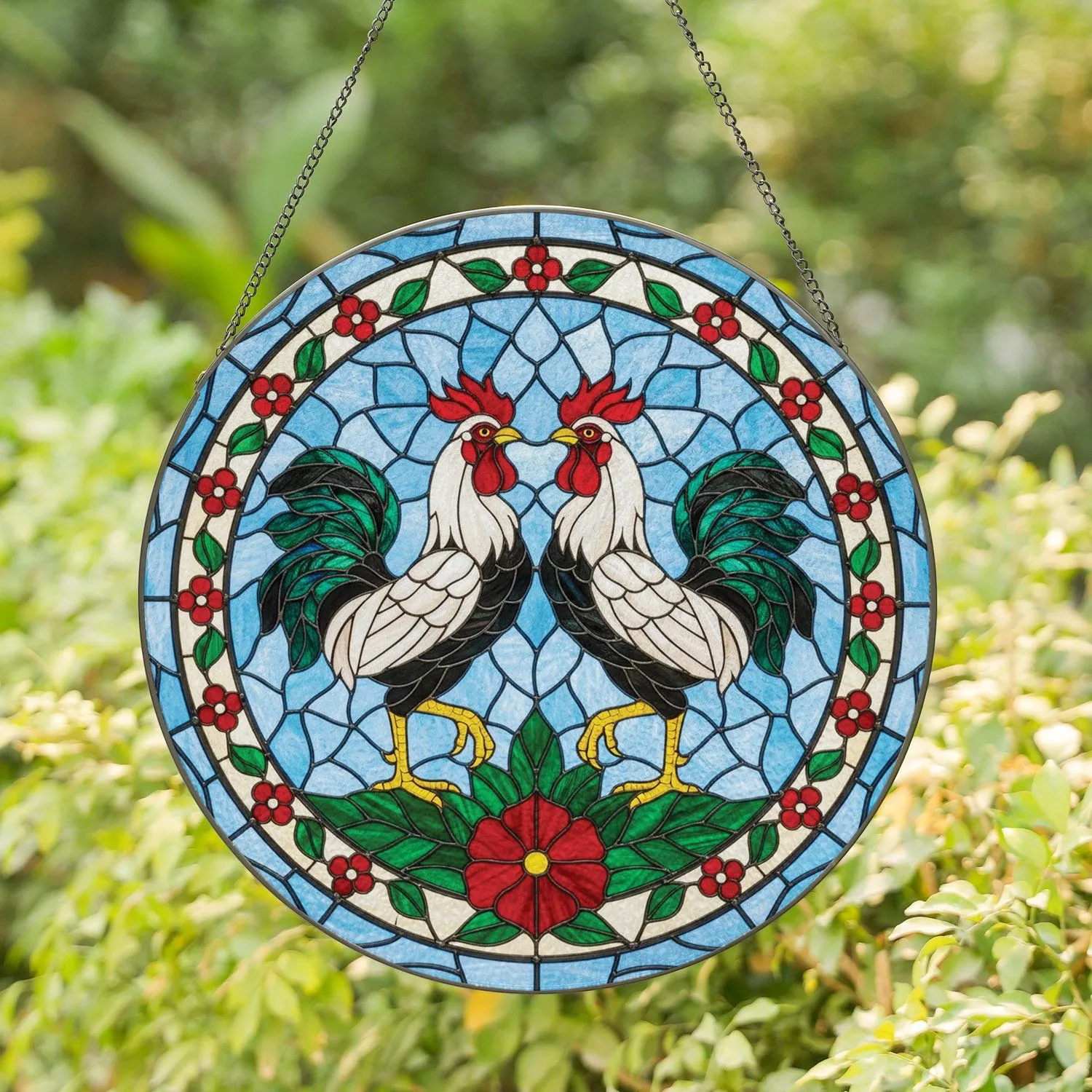 Symmetrical Jewel Tone Roosters Stained Glass Mosaic Farmhouse Decor Gift Stained Glass Suncatcher - 1