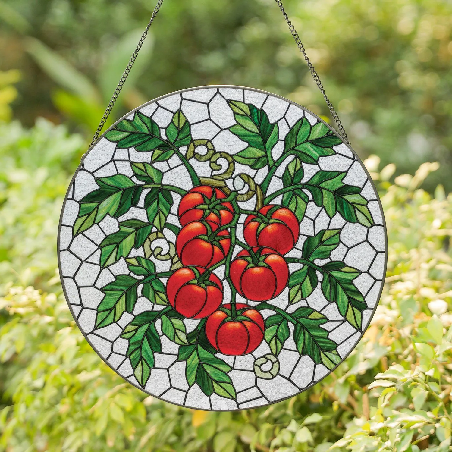 Ripe Red Tomato Clusters Green Leaves Vine Clear Mosaic Glass - Home Decor Gift for Garden Lover Stained Glass Suncatcher - 1